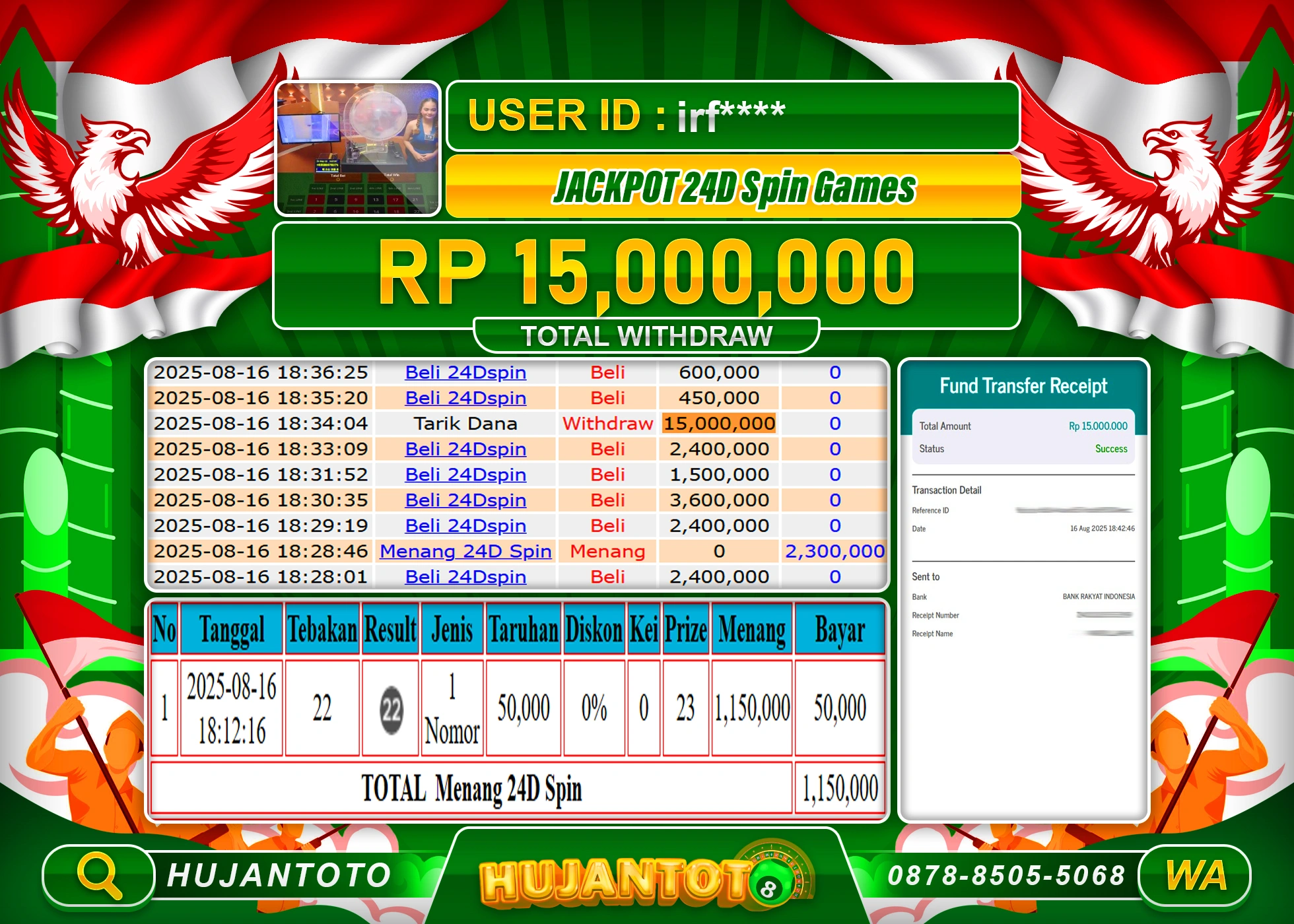 HUJANTOTO - BUKTI JACKPOT MENANG LIVEGAME 24D SPIN GAMES Rp.15,000,000 - TERBAYAR LUNAS