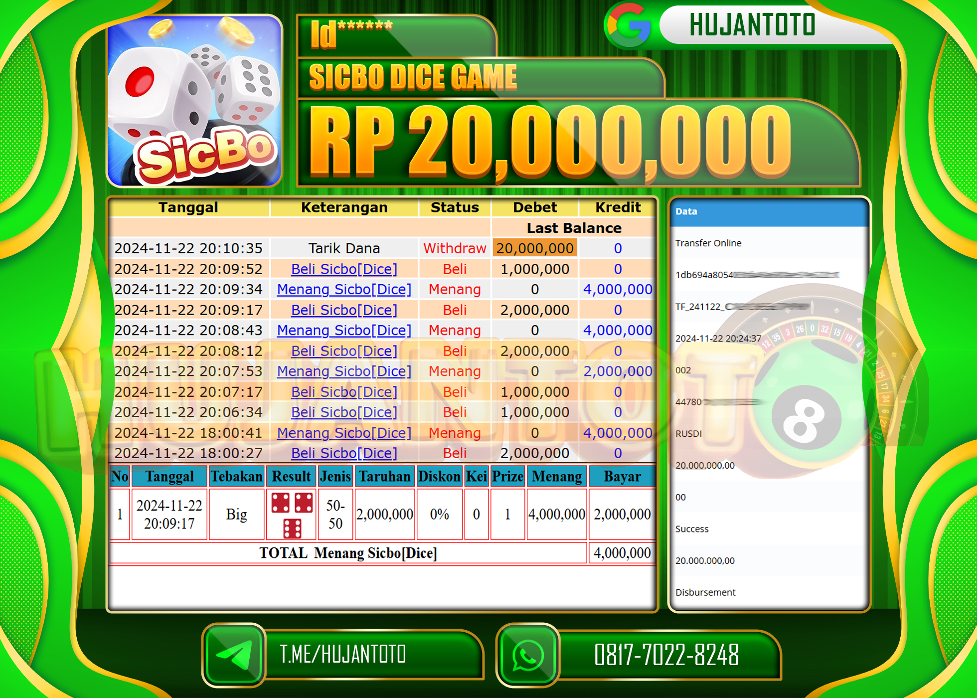 HUJANTOTO KEMENANGAN BESAR DI SICBO DICE GAME SEBESAR  - 20,000,000 - LUNAS