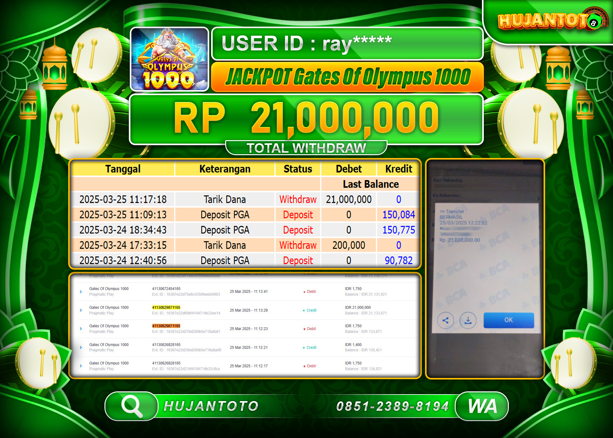 HUJANTOTO - BUKTI JACKPOT MENANG SLOT GATES OF OLYMPUS 1000 Rp,21,000,000- TERBAYAR LUNAS