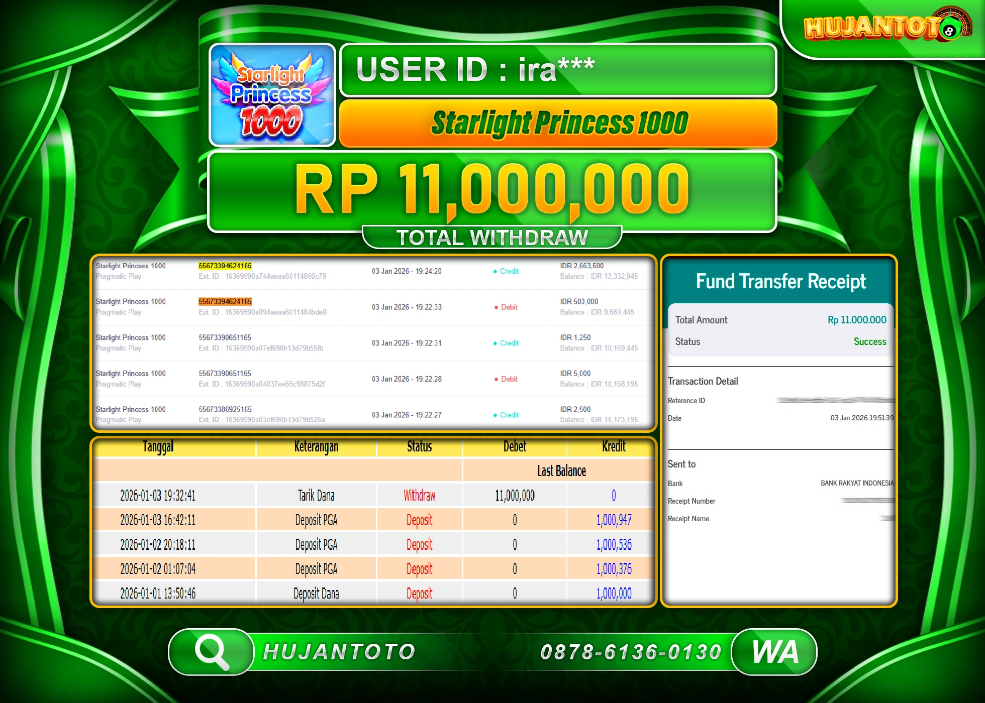 HUJANTOTO - BUKTI JACKPOT MENANG SLOT STARLIGHT PRINCESS 1000 Rp.11,000,000 - TERBAYAR LUNAS