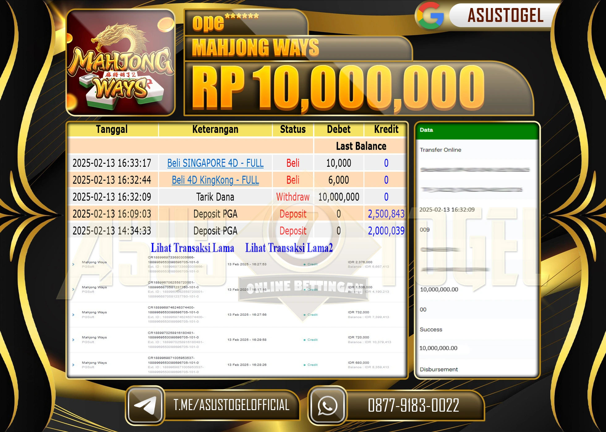 ASUSTOGEL KEMENANGAN DI SLOT MAHJONG WAYS GAMES SEBESAR 10.000.000 - RUPIAH LUNAS