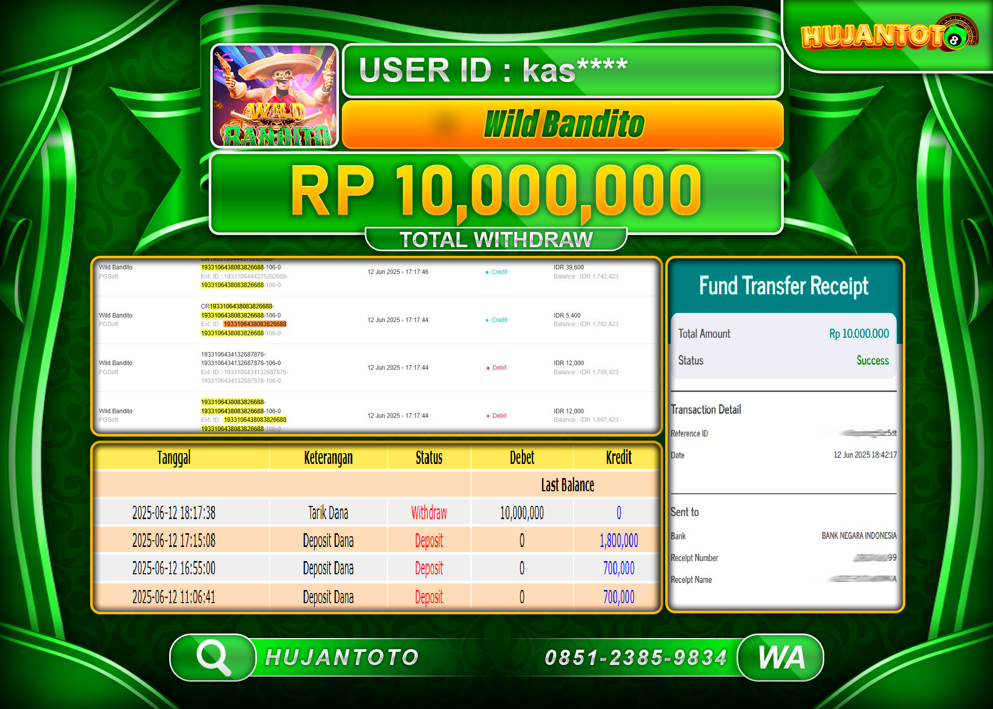 HUJANTOTO - BUKTI JACKPOT MENANG SLOT WILD BANDITO PG SOFT Rp.10,000,000  - TERBAYAR LUNAS