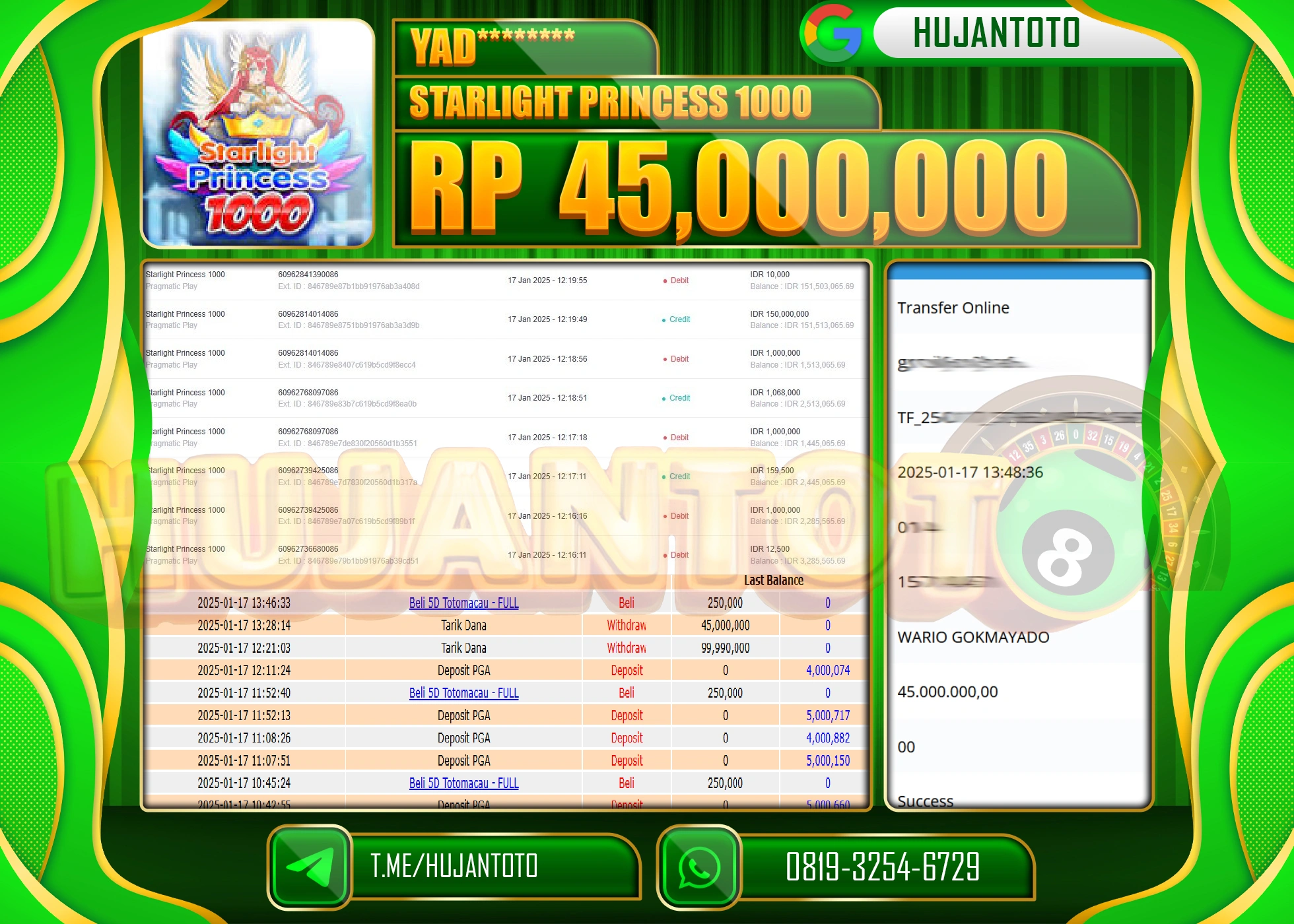 HUJANTOTO - BUKTI JACKPOT DI PERMAINAN STARLIGHT PRINCESS 1000 Rp,45,000,000 - TERBAYAR LUNAS