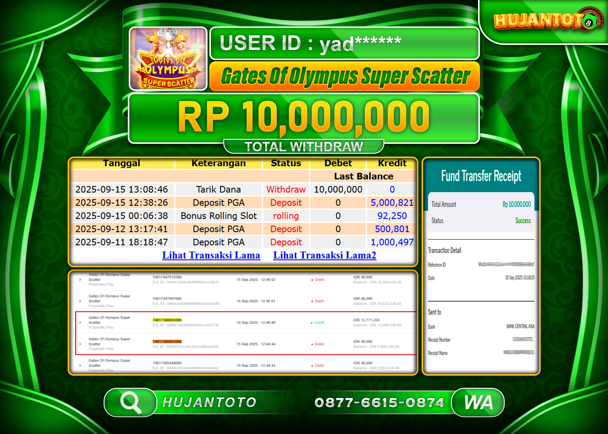 HUJANTOTO - BUKTI JACKPOT MENANG SLOT GATES OF OLYMPUS SUPER SCATTER Rp.10,000,000 - TERBAYAR LUNAS