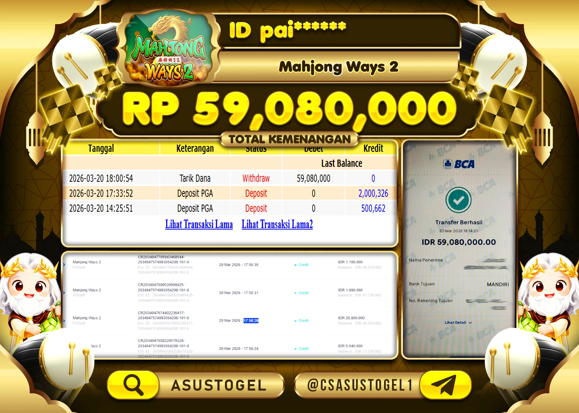 ASUSTOGEL KEMENANGAN JACKPOT DI SLOT MAHJONG WAYS 2 PG SOFT  Rp.59,080,000 - RUPIAH LUNAS