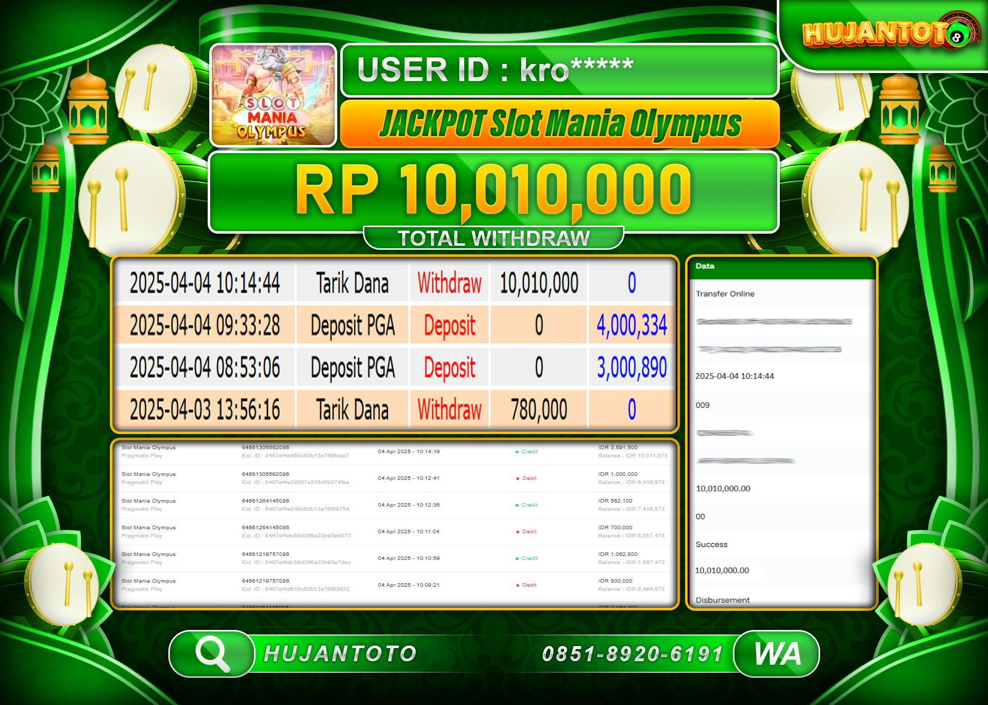 HUJANTOTO - BUKTI JACKPOT MENANG SLOT MANIA OLYMPUS Rp.10,010,000 - TERBAYAR LUNAS