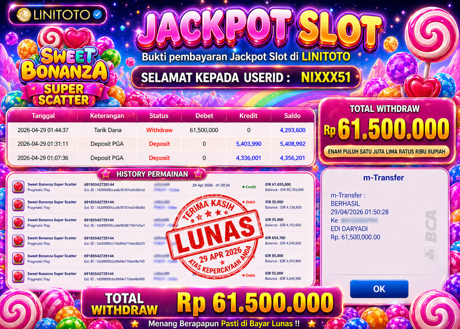 LINITOTO JACKPOT SLOT Sweet Bonanza Super Scatter Rp.61,500,000 - LUNAS