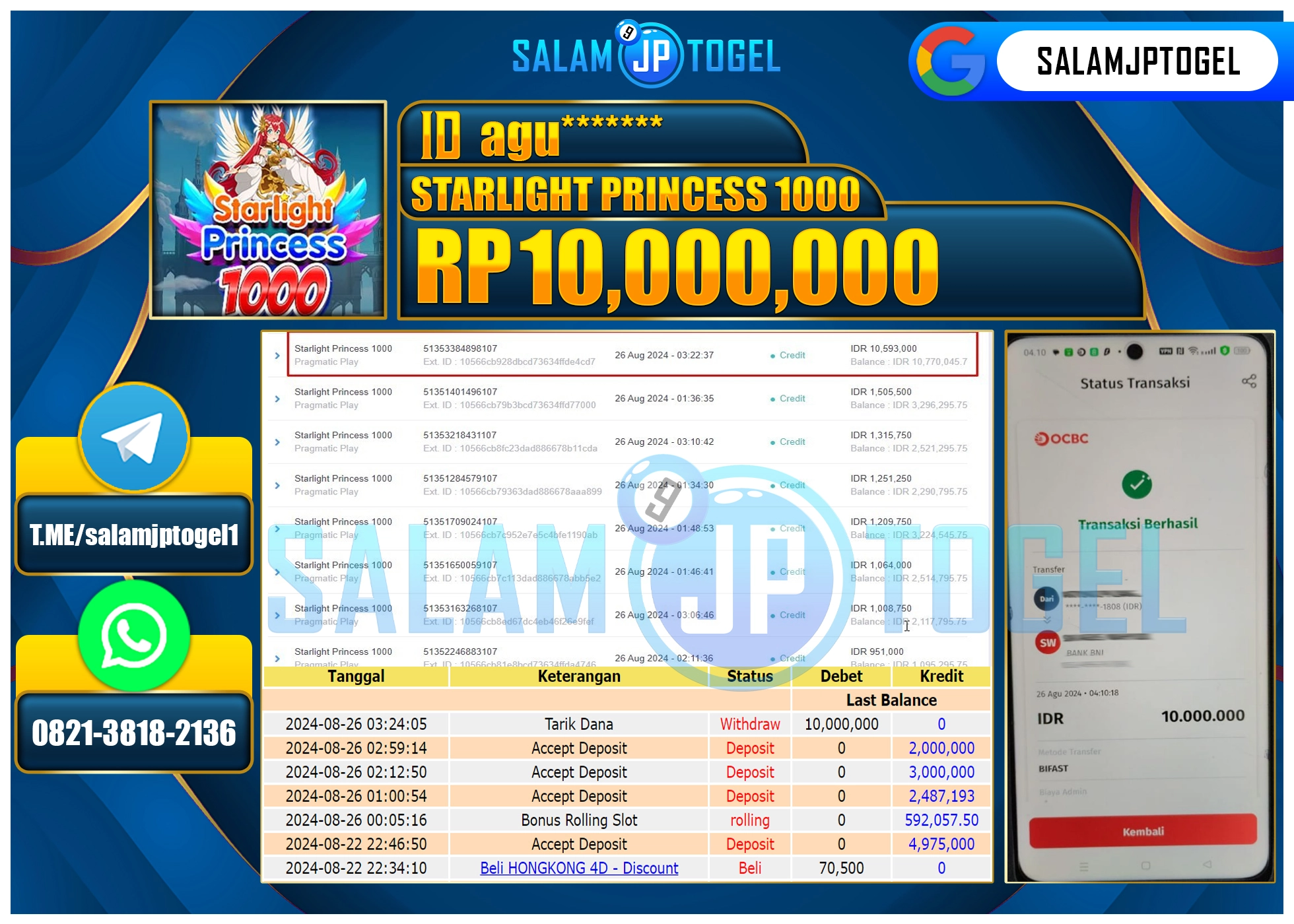 SALAMJPTOGEL MENANG SLOT STARLIGHT PRINCESS 1000  RP. 10,000,000 LUNAS