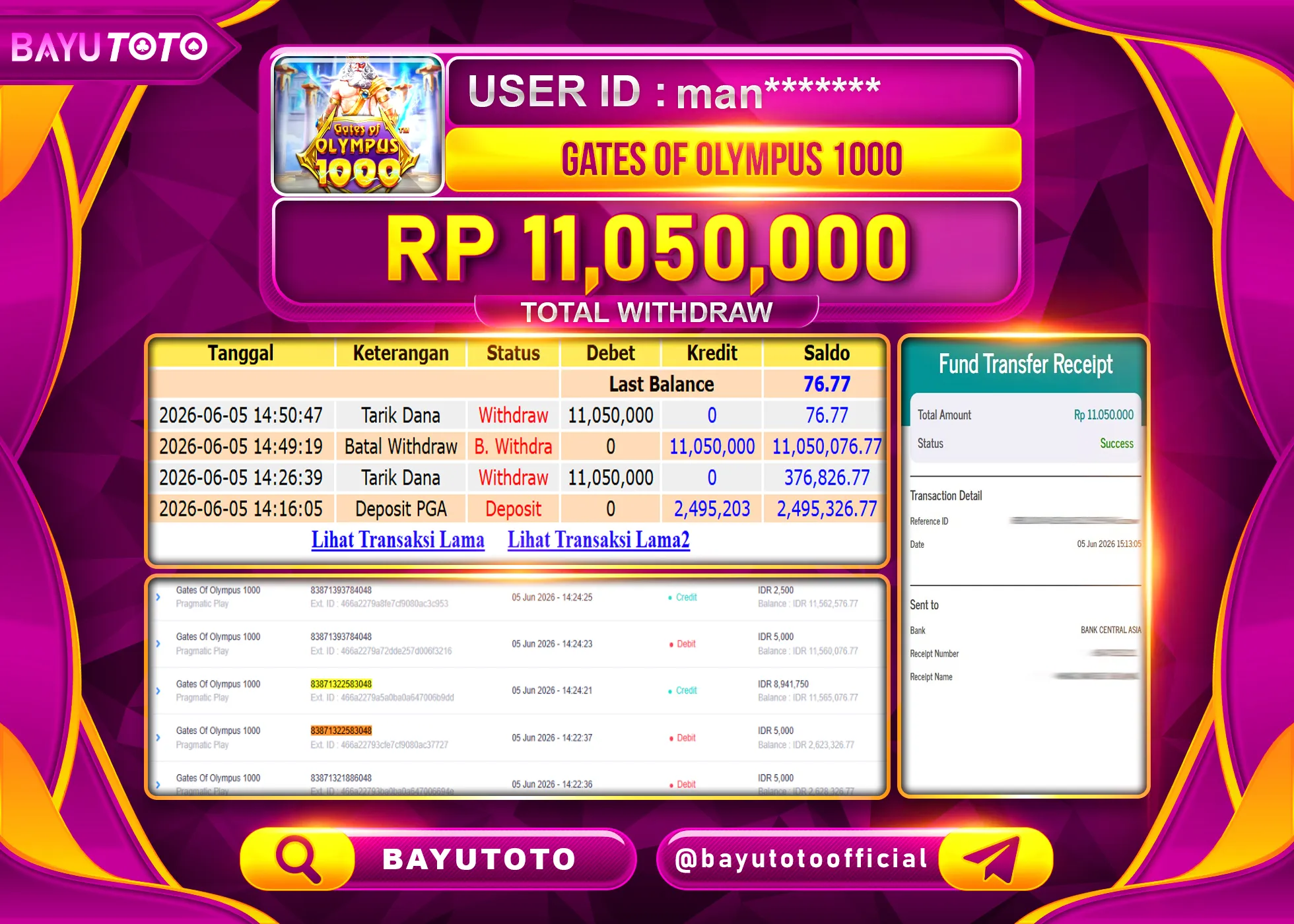 SELAMAT MEMBER SETIA BAYUTOTO JACKPOT DI SLOT GATES OF OLYMPUS 1000 Rp. 11,050,000 LUNAS