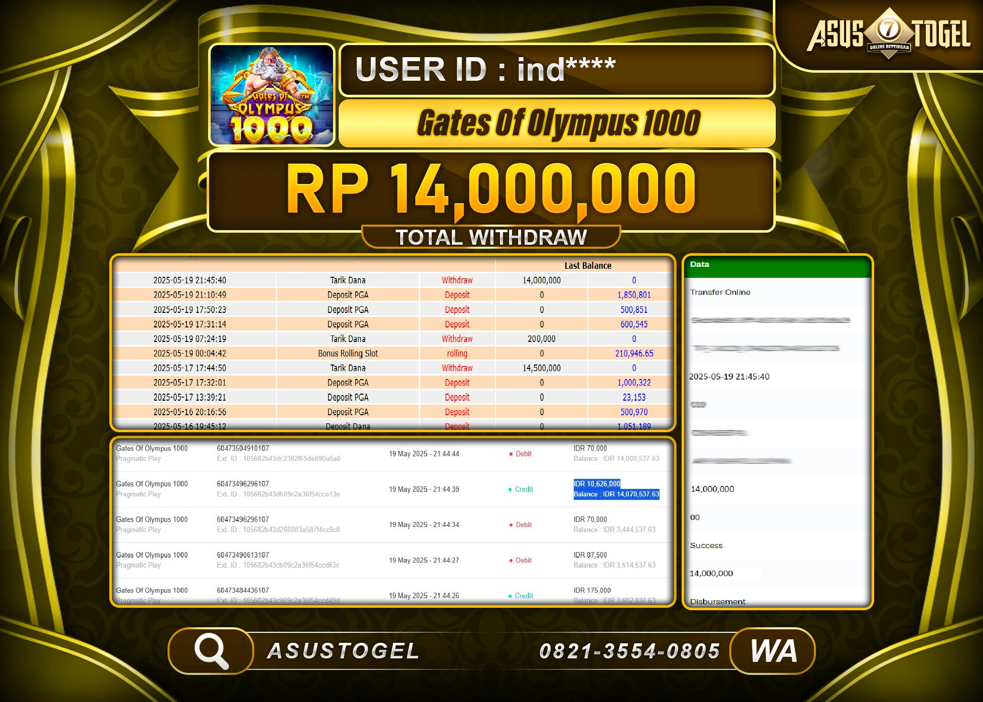  ASUSTOGEL KEMENANGAN DI SLOT GATES OF OLYMPUS 1000 SEBESAR 14,000,000- RUPIAH LUNAS