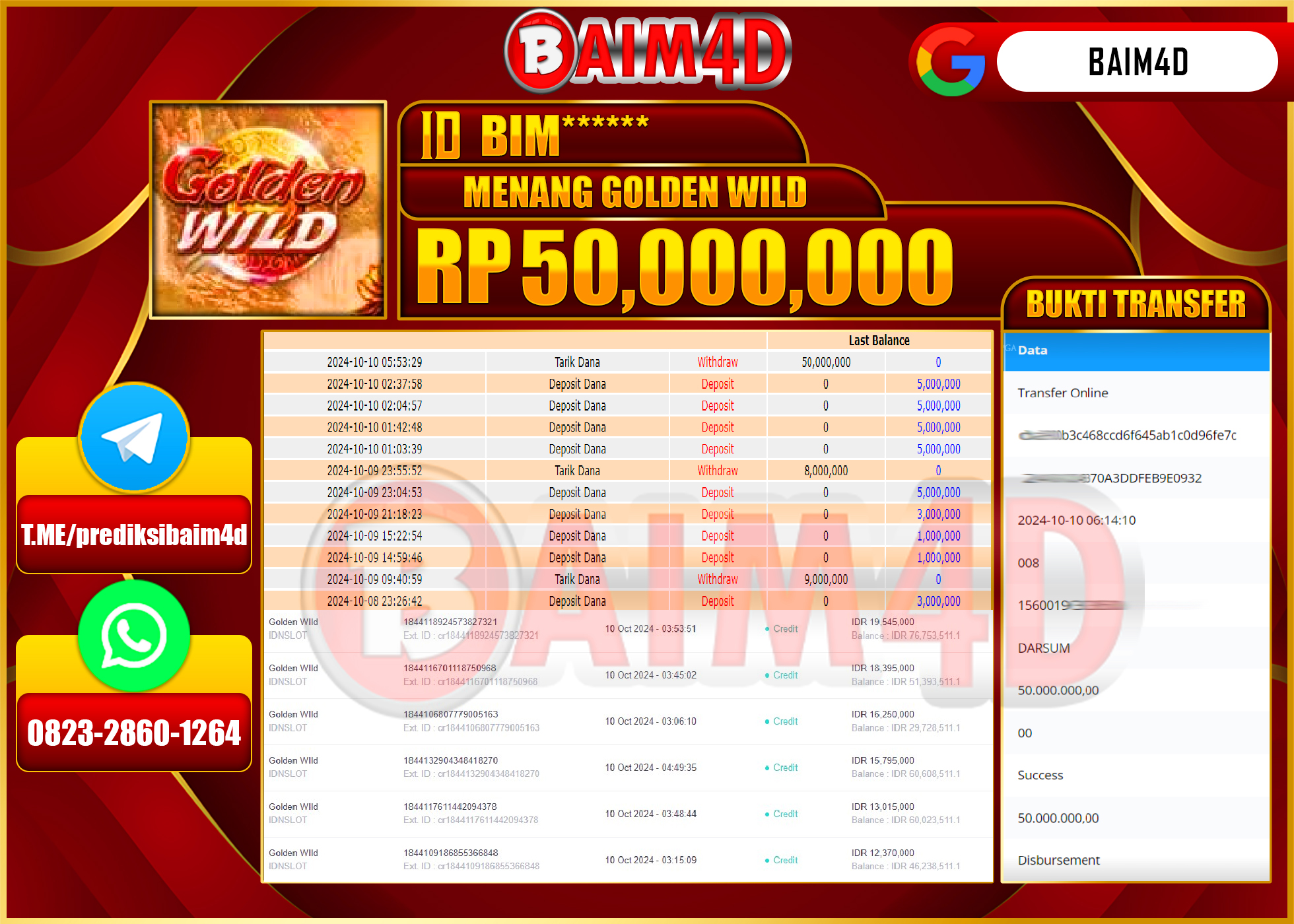 BAIM4D JACKPOT Slot Golden WIld (IDNSLOT) Rp.50,000,000.- LUNAS