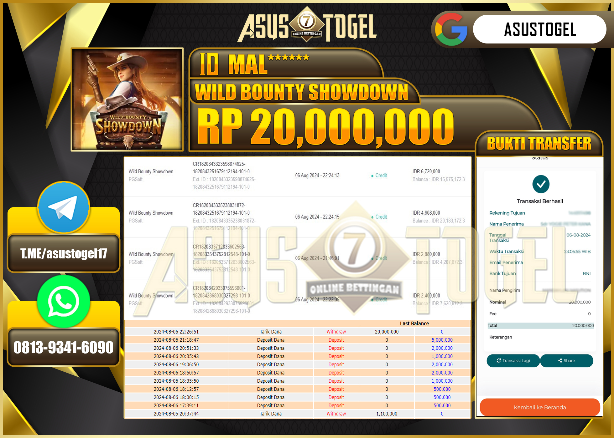 ASUSTOGEL KEMENANGAN DI WILD    BOUNTY SHOWDOWN     SEBESAR   20,000,000- RUPIAH LUNAS
