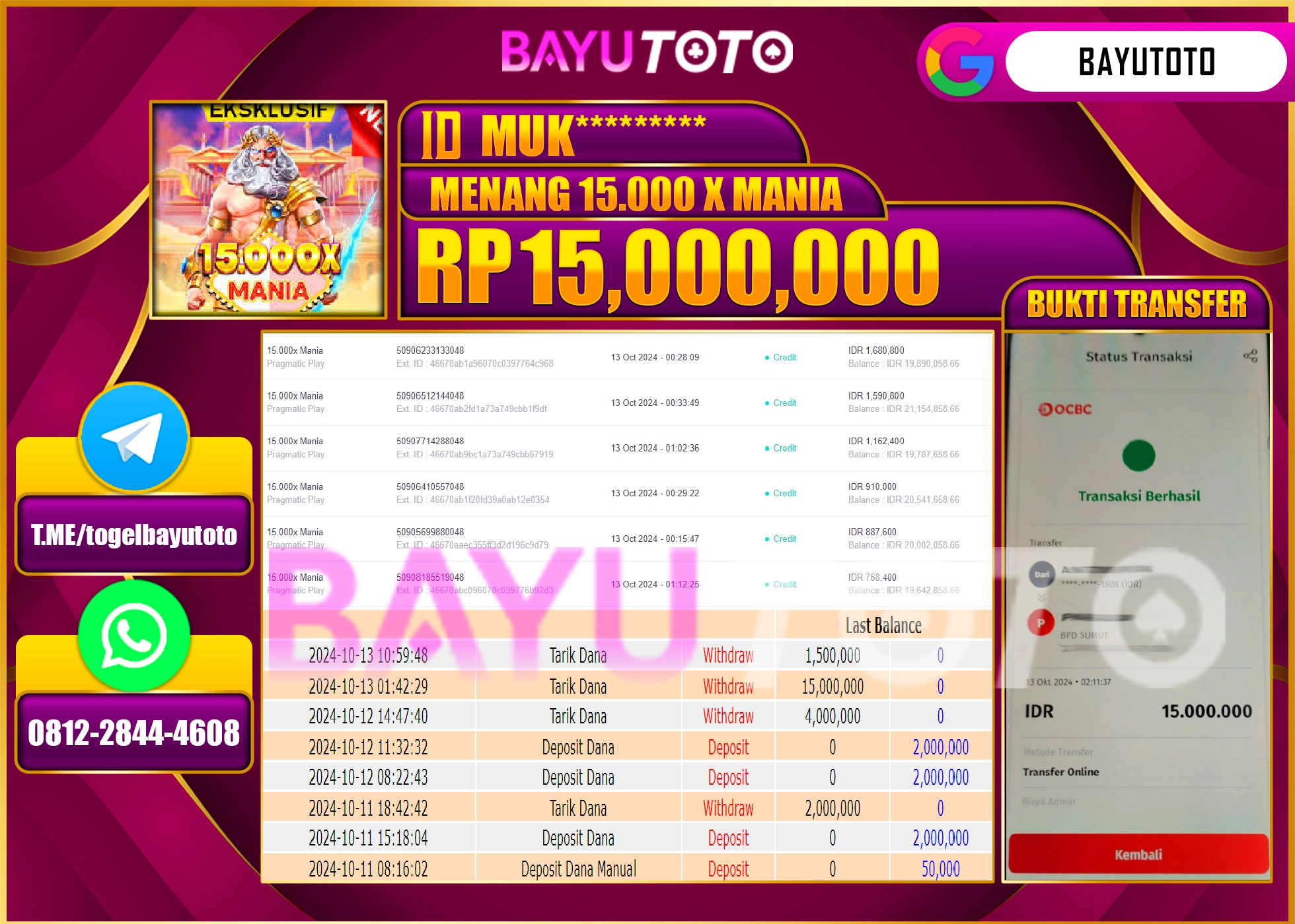 BAYUTOTO JACKPOT  DI GATES 15,000 X MANIA CAIR  Rp.15.000.000 LUNAS