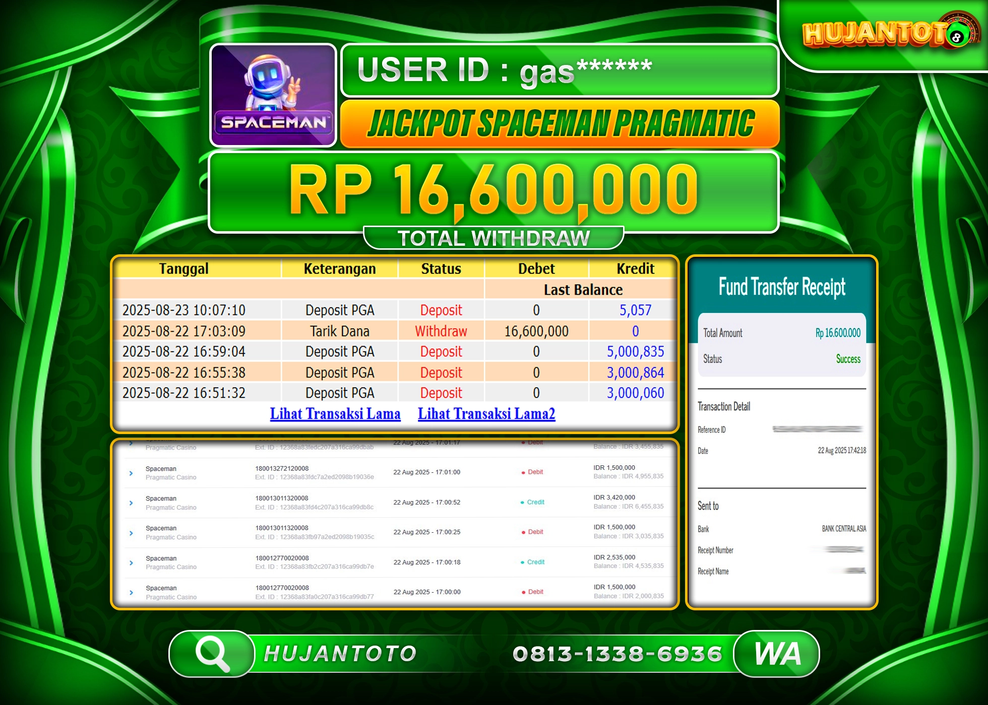 HUJANTOTO - BUKTI JACKPOT MENANG SPACEMAN PRAGMATIC LIVE Rp.16,600,000 - TERBAYAR LUNAS