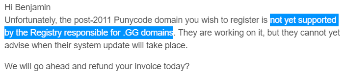 Email from Guernsey saying emoji domains not available on .gg