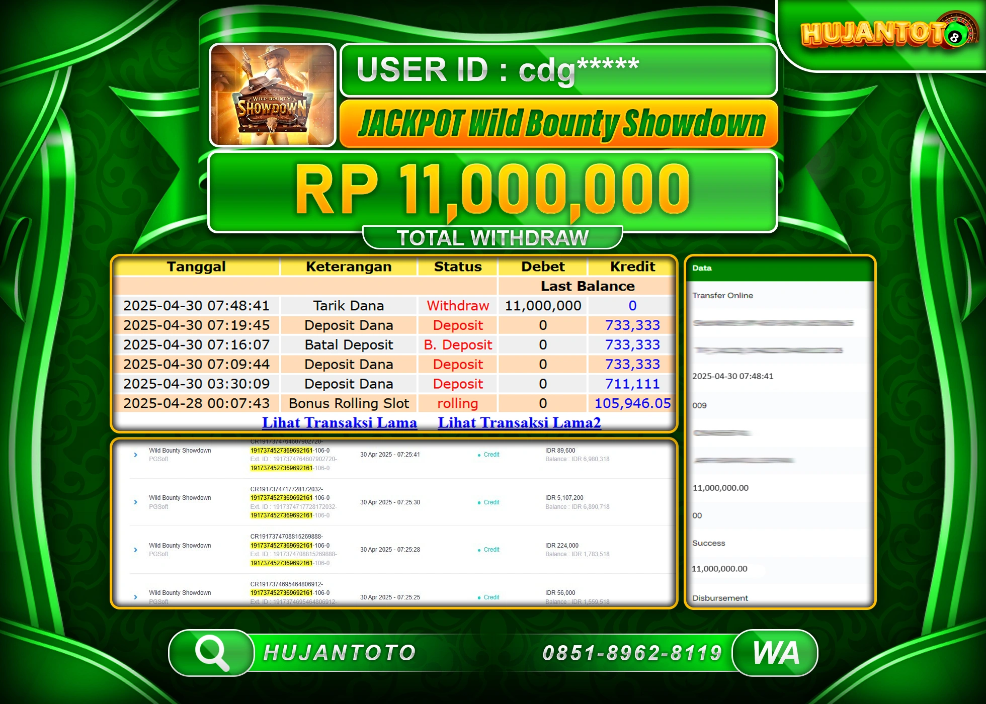 HUJANTOTO - BUKTI JACKPOT MENANG SLOT WILD BOUNTY SHOWDOWN Rp,11,000,000 - TERBAYAR LUNAS