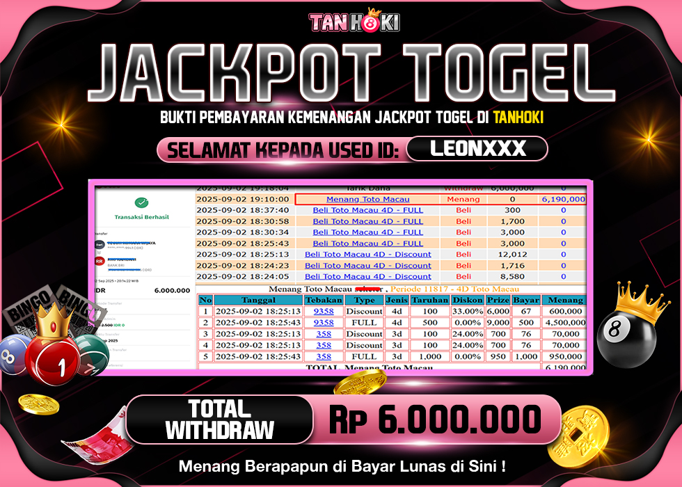 TANHOKI JACKPOT TOGEL 4D TOTO MACAU Rp.6.000.000,- LUNAS
