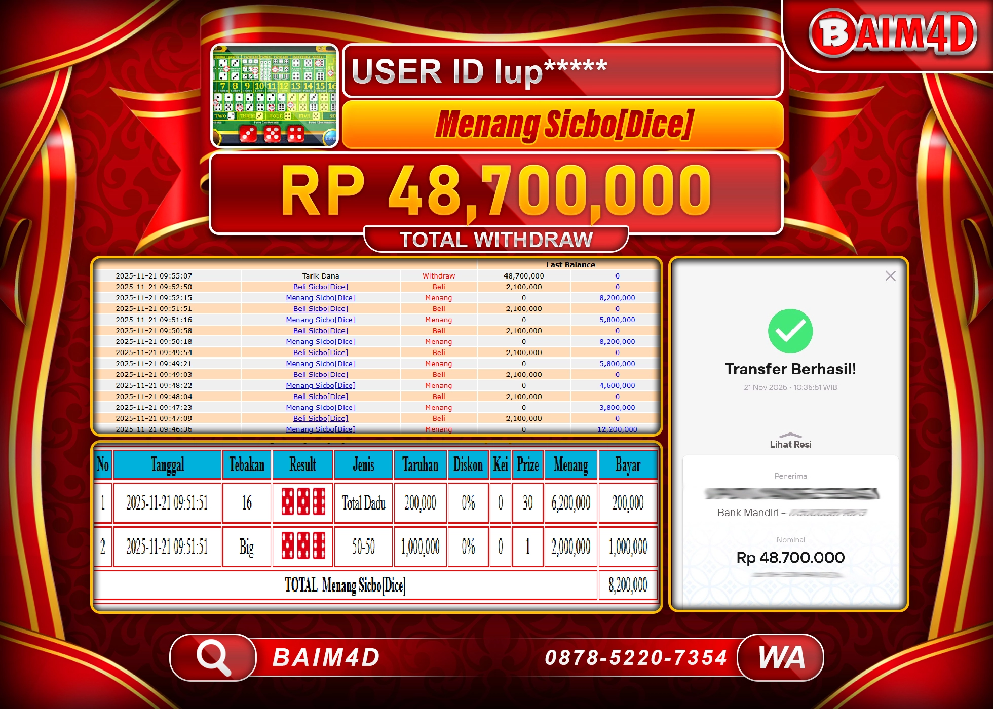 BAIM4D JACKPOT LIVE GAMES SICBO DICE Rp.48,700,000 - LUNAS