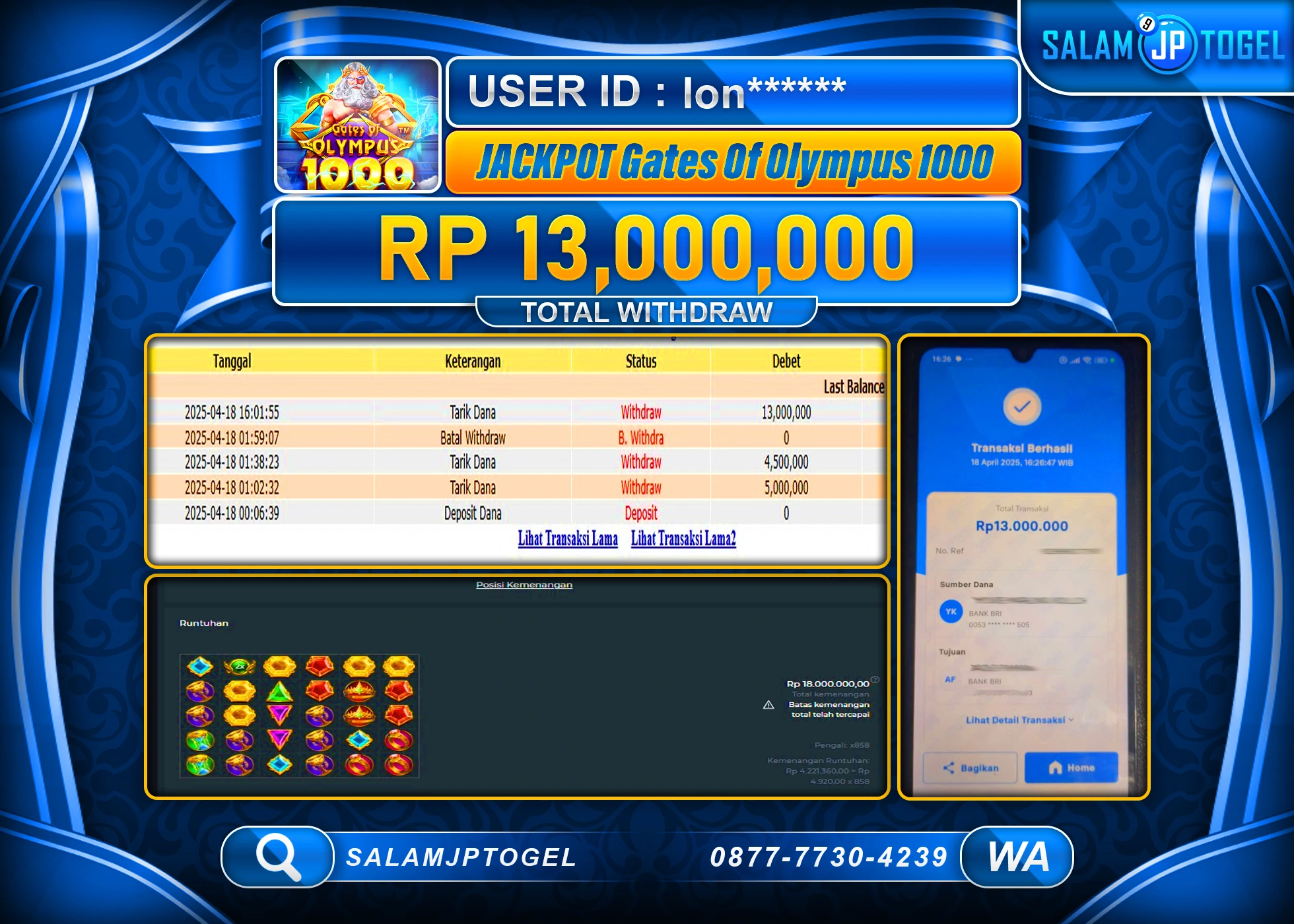 SALAMJPTOGEL MENANG GATES OF OLYMPUS 1000  Rp.13,000,000 LUNAS