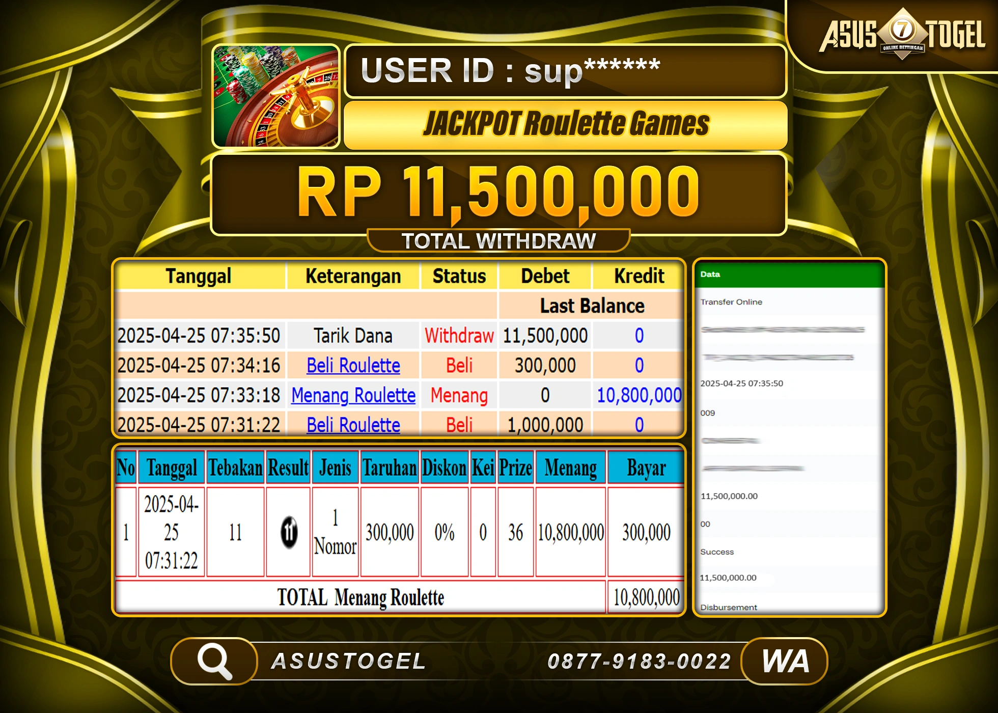  ASUSTOGEL KEMENANGAN DI LIVE ROULETTE GAMES SEBESAR 11,500,000- RUPIAH LUNAS