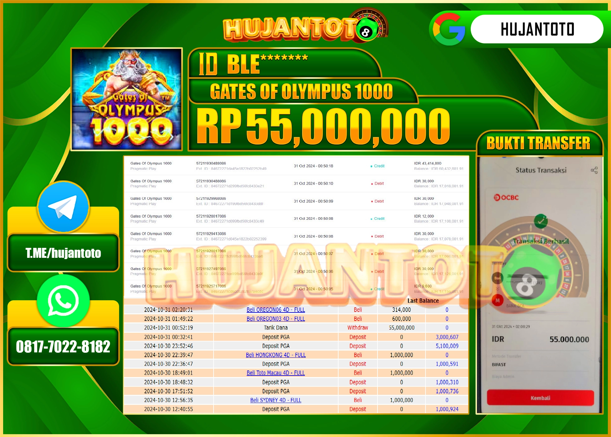 HUJANTOTO MENANG DI PERMAINAN GATES OF OLYMPUS 1000 - 55,000,000 - LUNAS