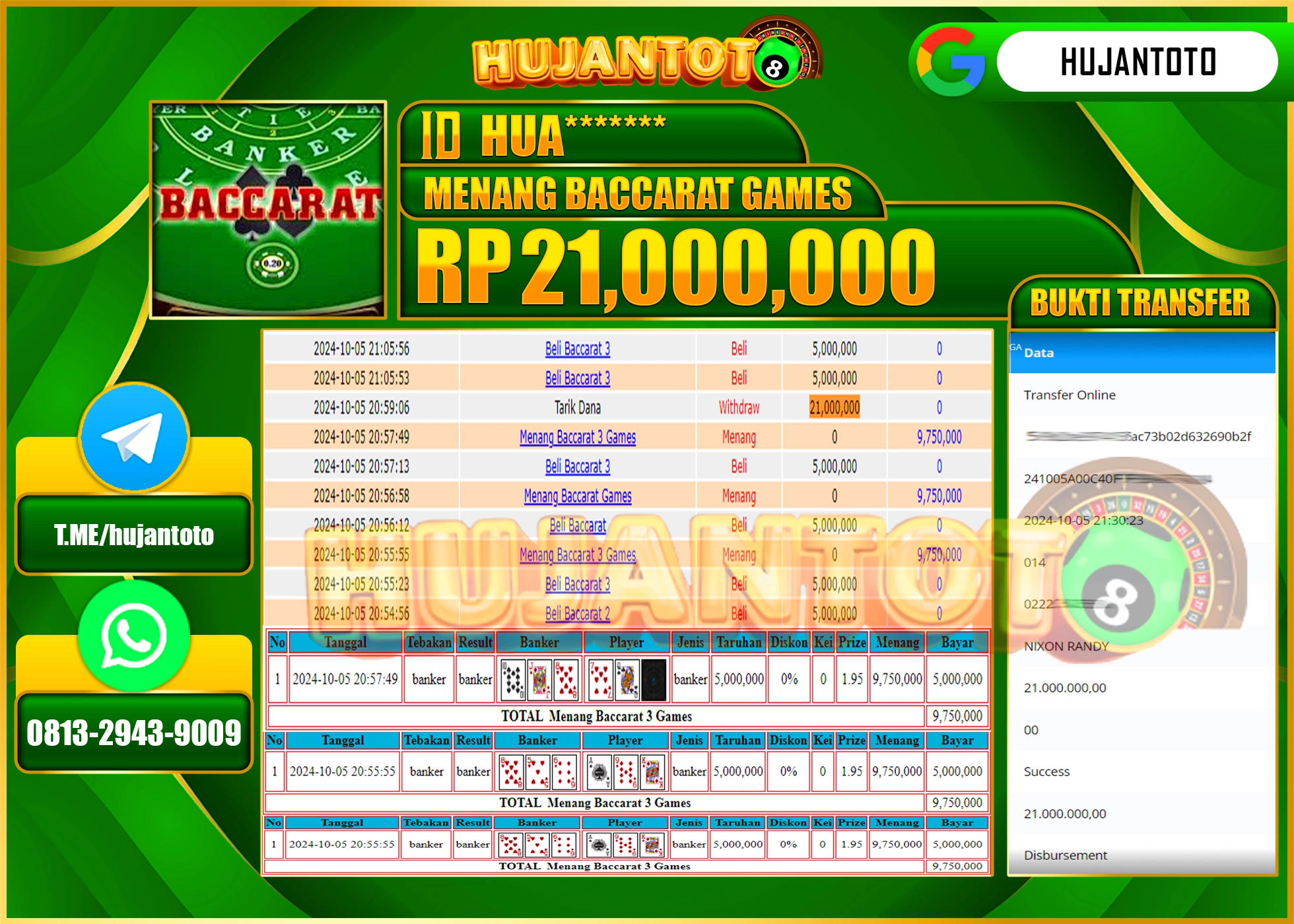 HUJANTOTO MENANG BESAR DI PERMAINAN LIVEGAME BACCARAT GAMES - 21.000,000 - LUNAS 