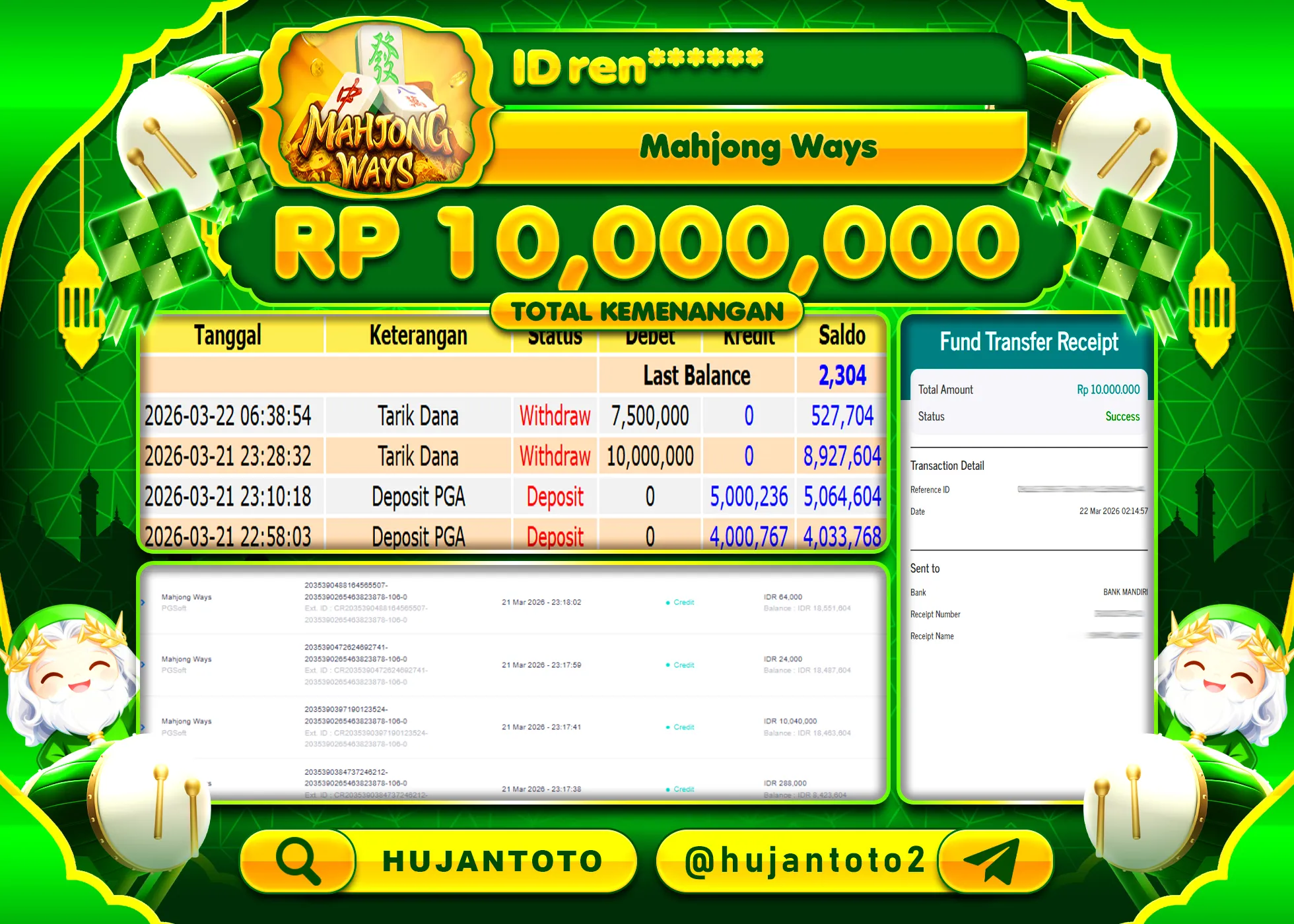 HUJANTOTO - BUKTI JACKPOT MENANG SLOT MAHJONG WAYS  Rp.10,000,000 - TERBAYAR LUNAS