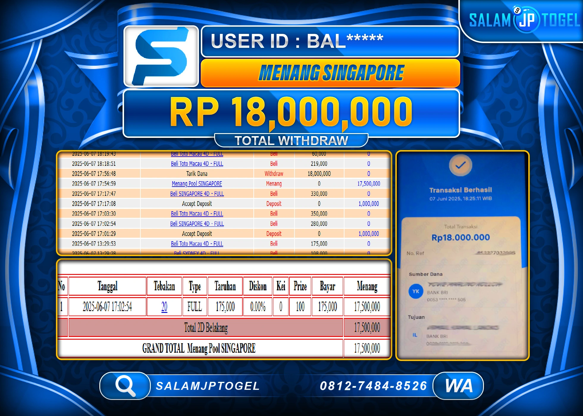 SALAMJPTOGEL MENANG SINGAPORE Rp.18,000,000 LUNAS
