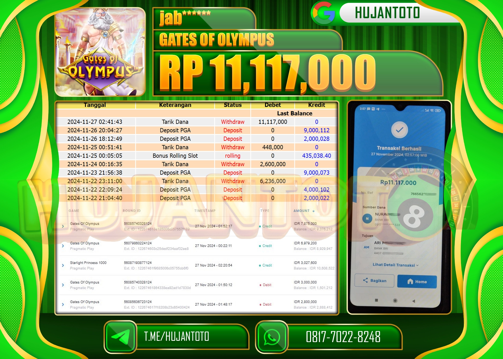 HUJANTOTO KEMENANGAN JACKPOT  BESAR DI RAIH GAME SLOT GATES OF OLYMPUS GAMES SEBESAR  - 11,117,000 - LUNAS