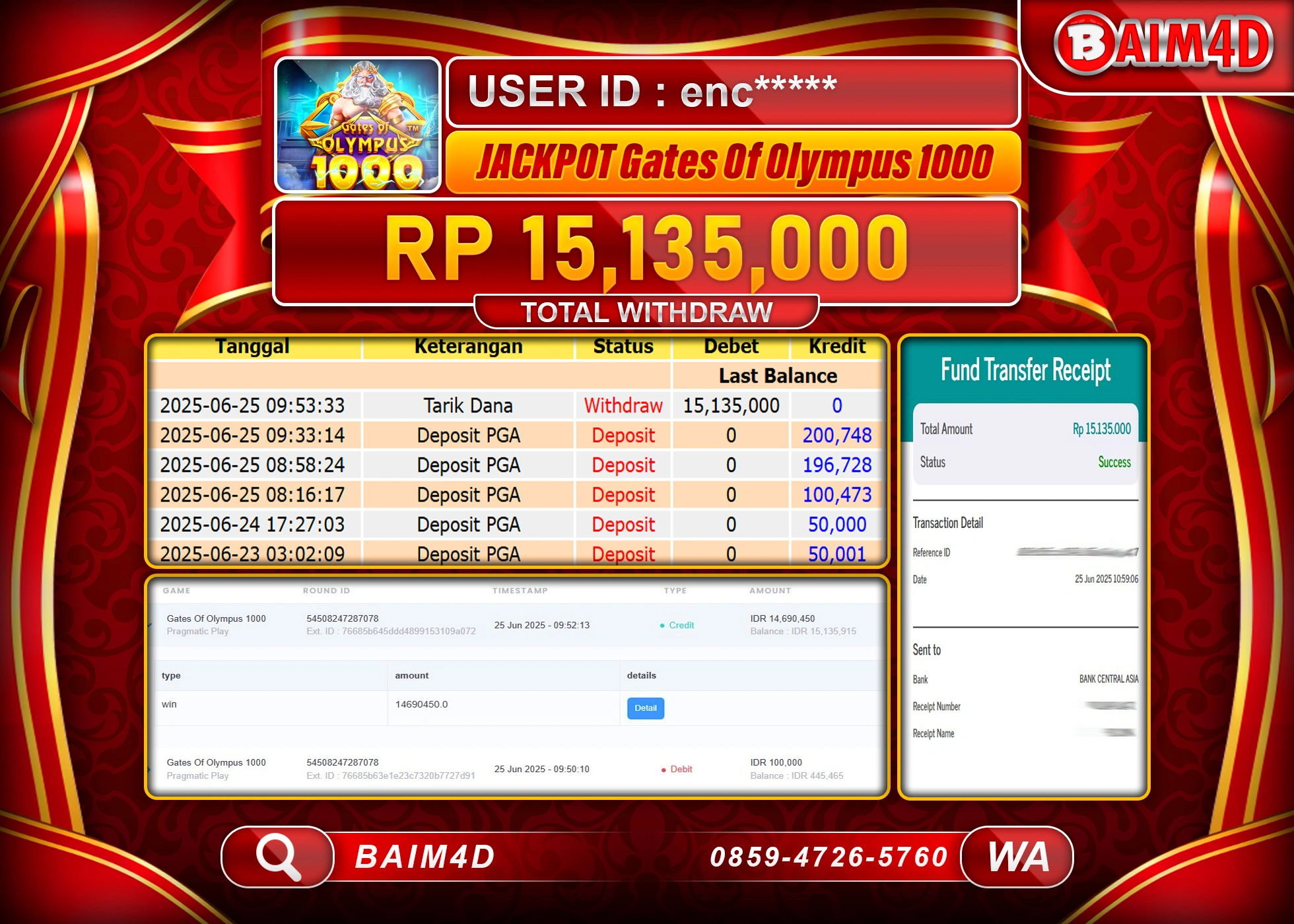 BAIM4D JACKPOT SLOT GATES OF OLYMPUS 1000 Rp.15,135,000.- LUNAS
