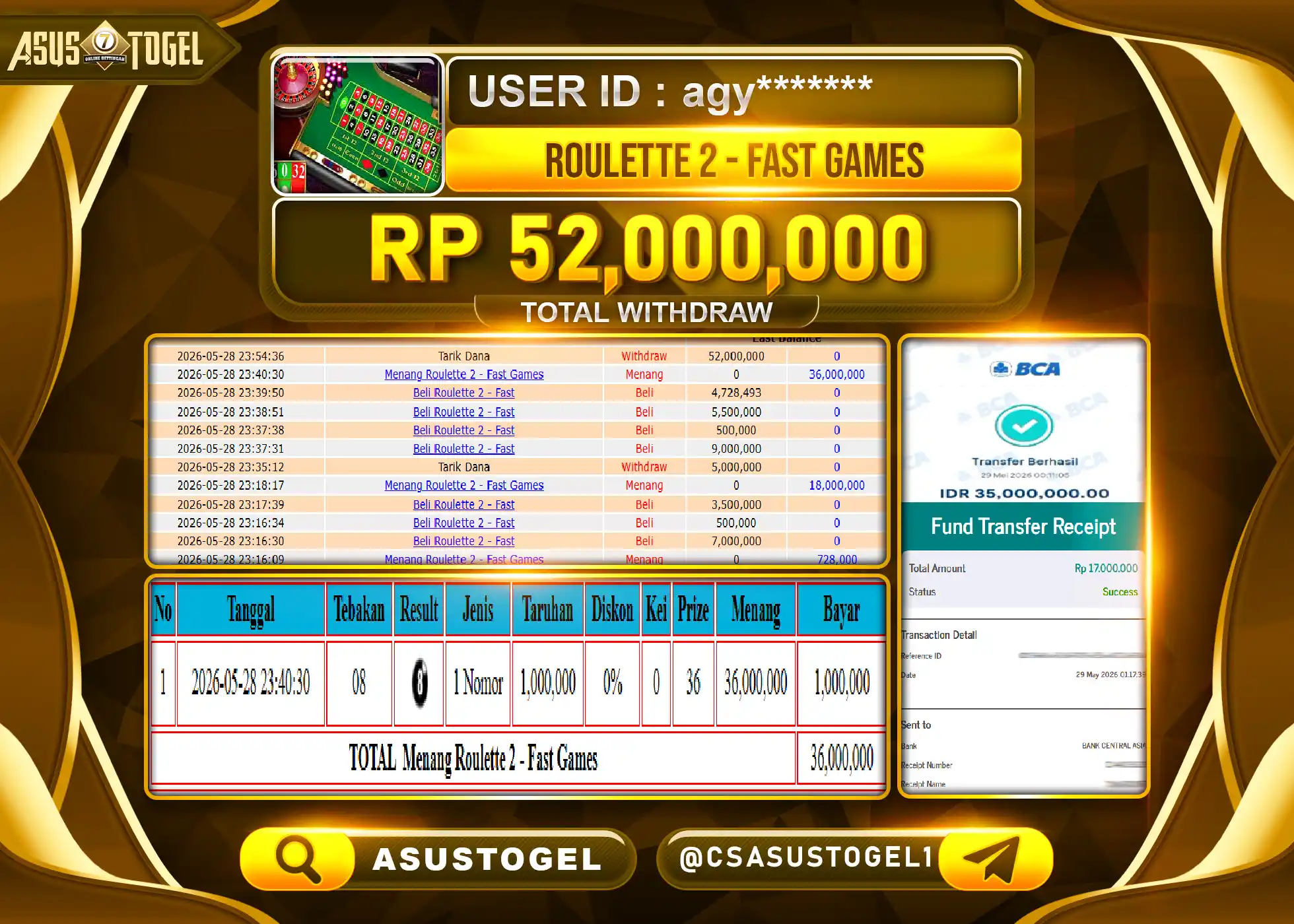 ASUSTOGEL KEMENANGAN JACKPOT LIVE GAMES ROULETTE 2 FAST GAMES Rp.52,000,000 - RUPIAH LUNAS