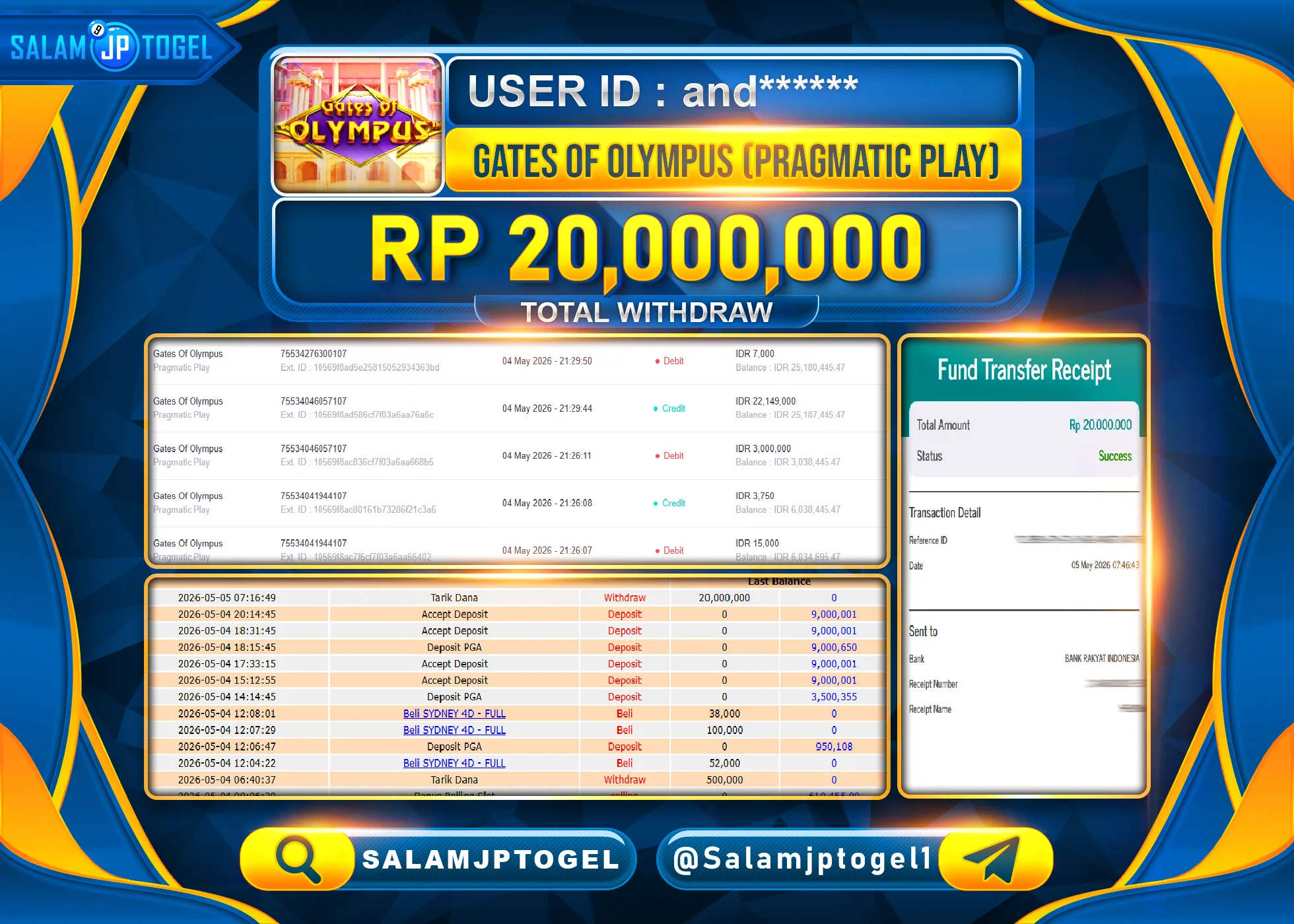 SALAMJPTOGEL MENANG JACKPOT Gates Of Olympus (Pragmatic Play) Rp.20,000,000- LUNAS