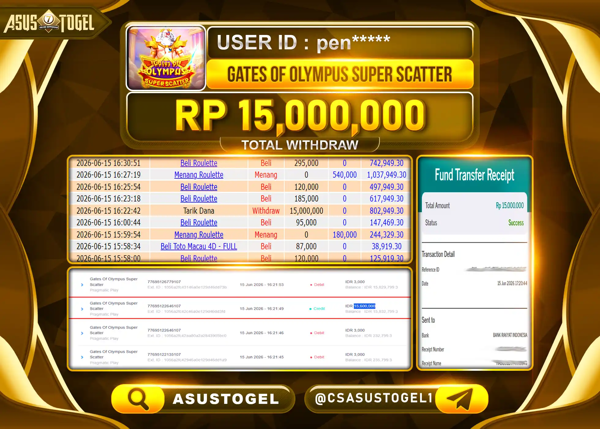 ASUSTOGEL KEMENANGAN JACKPOT SLOT GATES OF OLYMPUS SUPER SCATTER Rp.15,000,000 - RUPIAH LUNAS