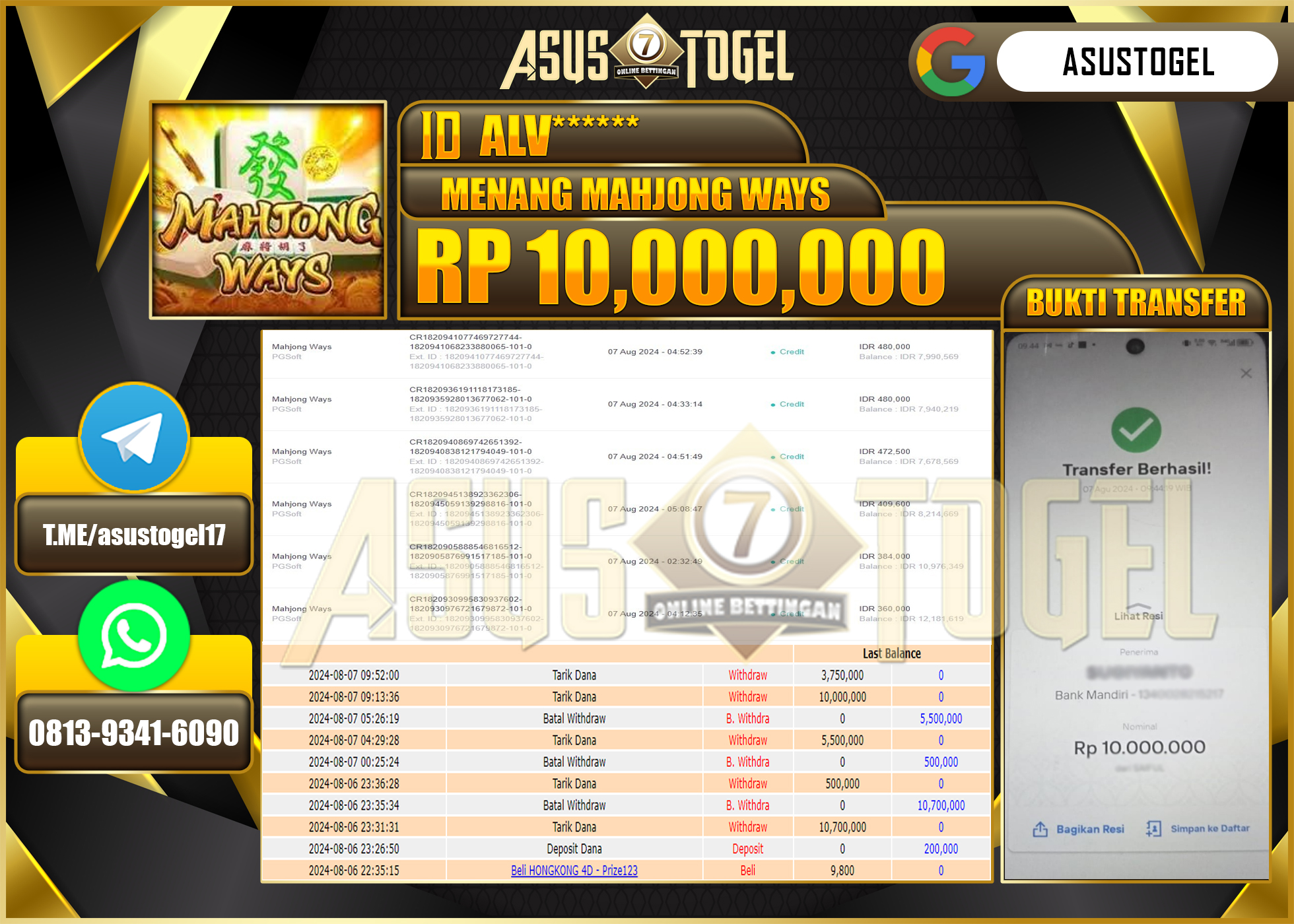 ASUSTOGEL KEMENANGAN DI    PGSOFT MAHJONG WAYS      SEBESAR 10,000,000- RUPIAH LUNAS