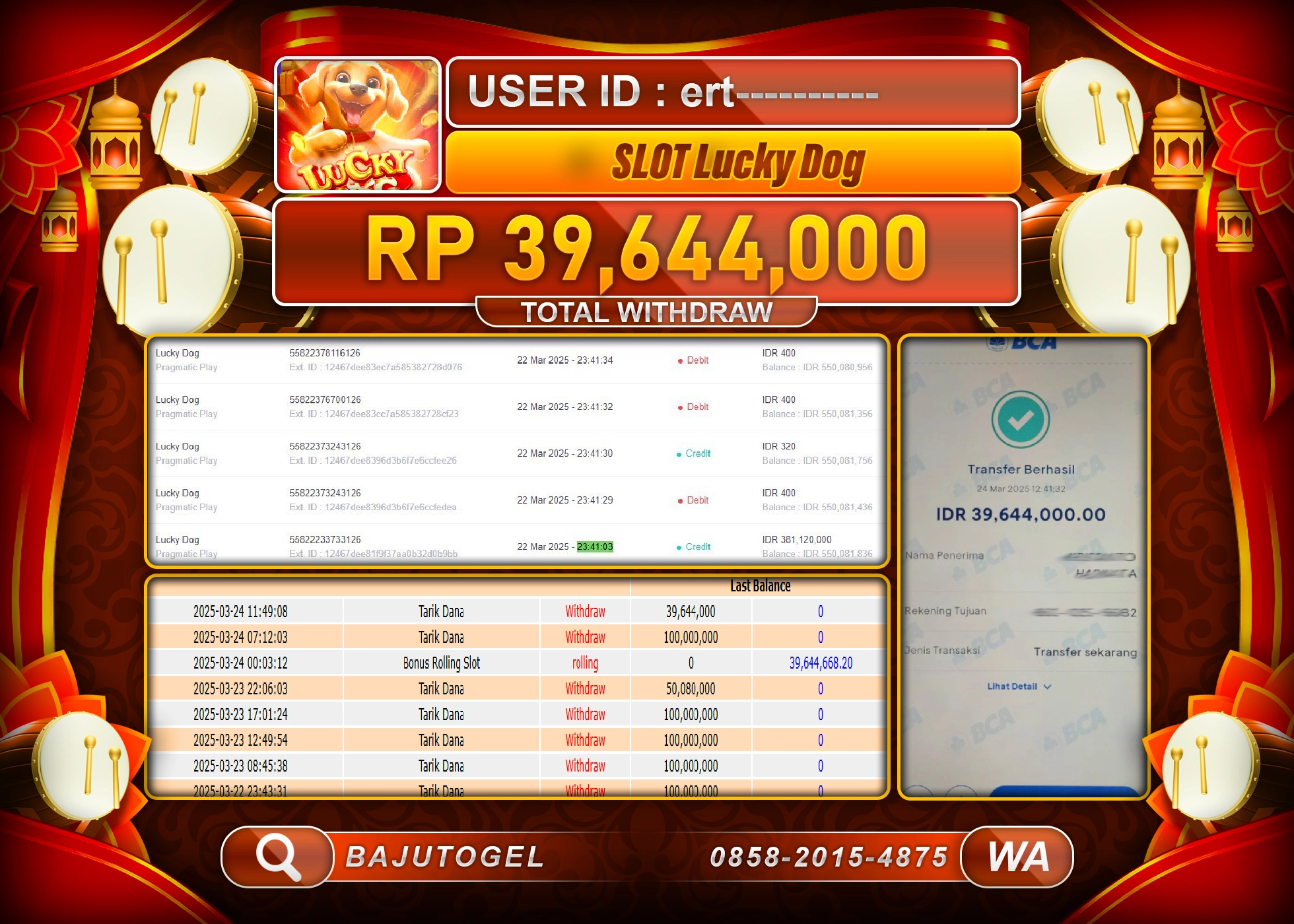 BAJUTOGEL KEMENANGAN SLOT LUCKY DOG Rp.39.644.000 LUNAS