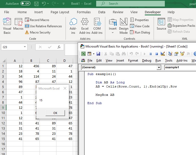 Screenshot of the code and result for finding the count of rows in the worksheet