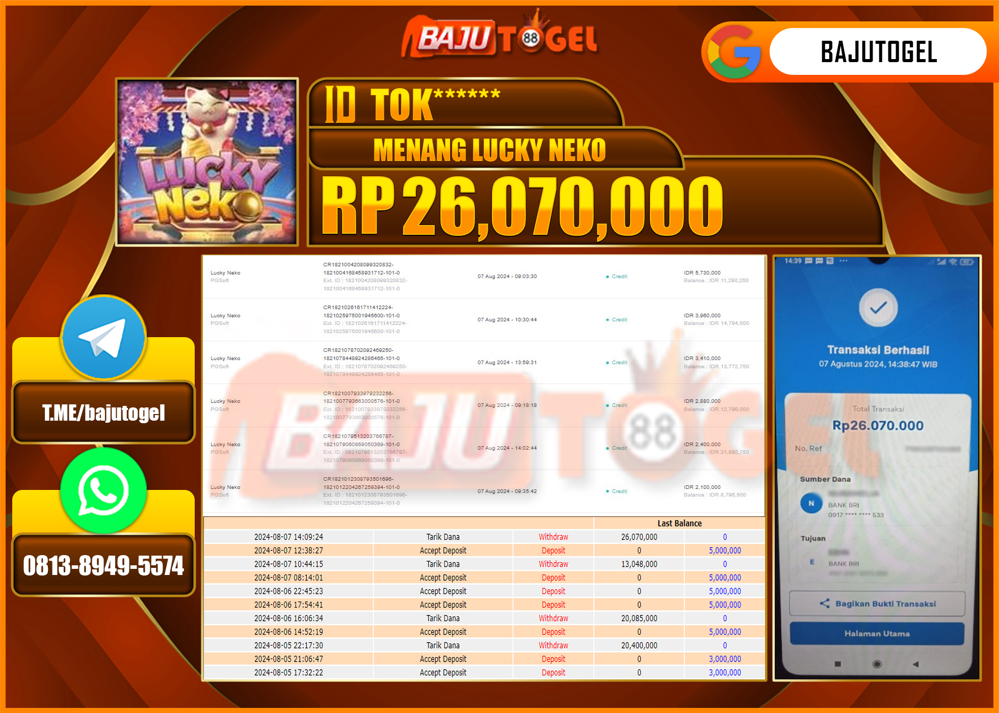 BAJUTOGEL JACKPOT SLOT LUCKY NEKO Rp.26.070.000 LUNAS