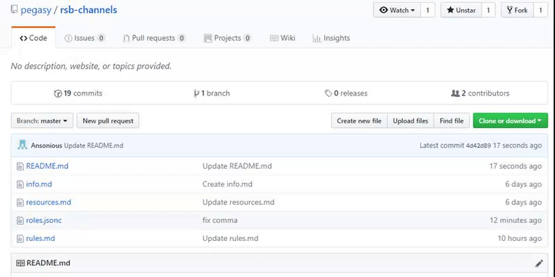  will be treated as an image only message (first image will be used, rest of section discarded).
First click on the roles.json file
You will be directed to the edit page where you are able to add, delete, edit the file.
Here's what you need to know to properly do those things, we will be looking at this snip as an example (https://www.youtube.com/watch?v=dQw4w9WgXcQ)
You should see something like this,
To add a role, you will be using this format.
{
"comment": "",
"id": "",
"emoji": "",
"desc": ""
}after filling it out, it should look something like this
{
"comment": "Test",
"id": "373982567600488459",
"emoji": "<:test:549809152818675753>",
"desc": "Example"
}"Comment" is well, a comment so that the other mods know what the role being added is.
"ID" is the role itself, you can find the role id by simply saying "/roleinfo @role"
"Emoji" is found by putting a \ before the emote.
"Desc" is just a description for roles that aren't self explanatory.
When adding a few lines for the role, make sure to add in a comma on the role above.
![Image from Gyazo