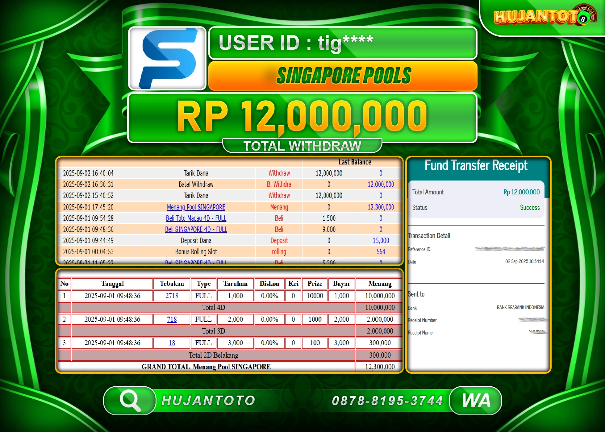 HUJANTOTO - BUKTI JACKPOT MENANG TOGEL SINGAPORE POOLS Rp.12,000,000 - TERBAYAR LUNAS