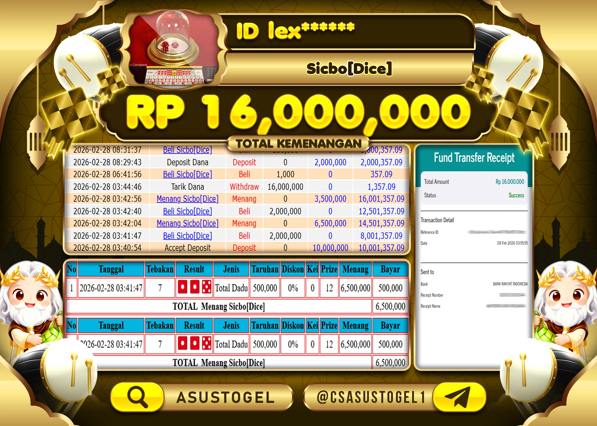 ASUSTOGEL KEMENANGAN DI LIVE GAMES SICBO [DICE] SEBESAR 16,000,000 - RUPIAH LUNAS