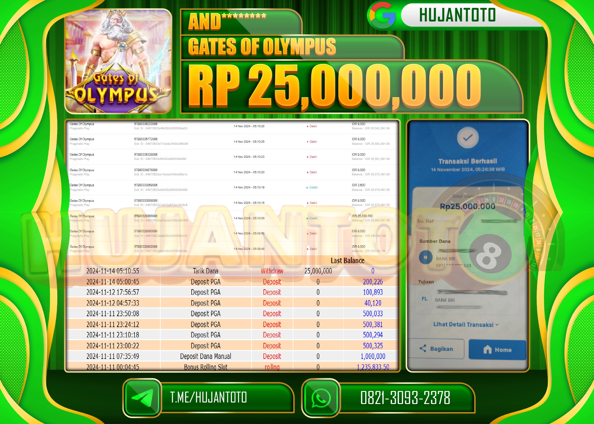 HUJANTOTO MENANG DI RAIH DI PERMAINAN  SLOT GATES OF OLYMPUS- 25,000,000  - LUNAS