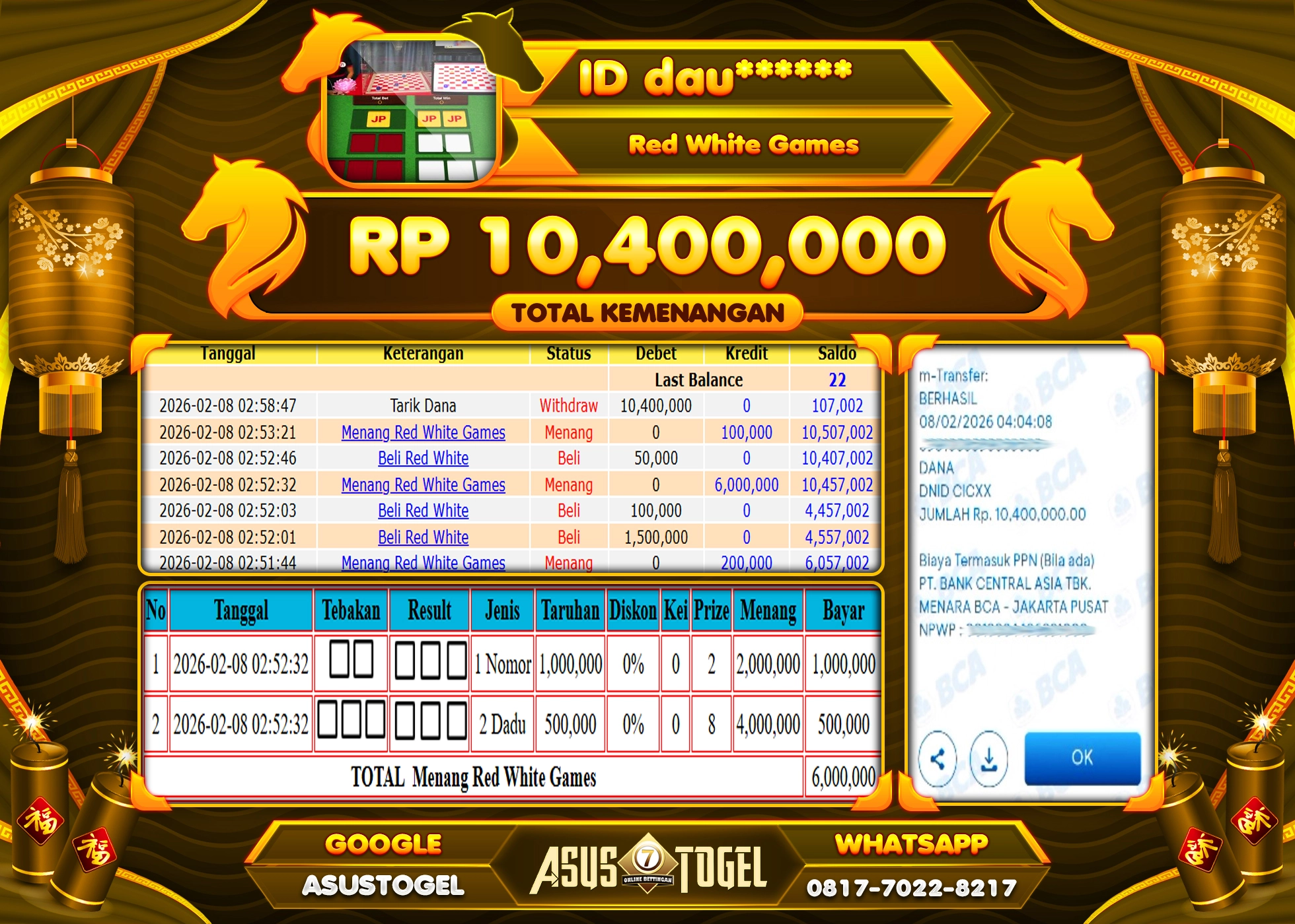 ASUSTOGEL KEMENANGAN DI LIVE GAMES RED WHITE SEBESAR 10,400,000 - RUPIAH LUNAS