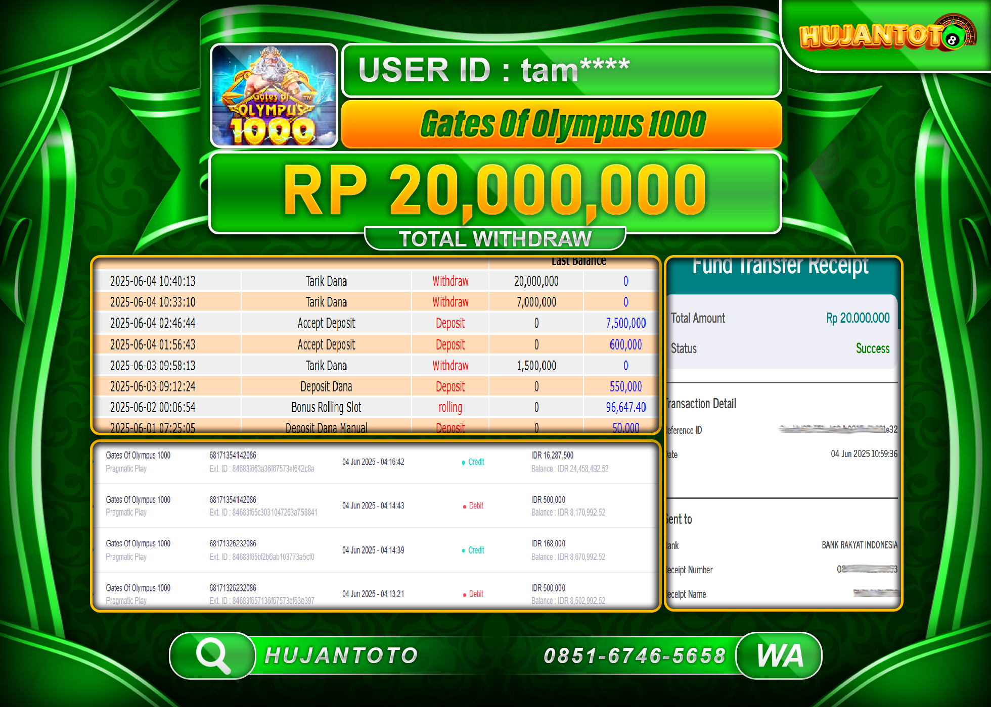 HUJANTOTO - BUKTI JACKPOT MENANG SLOT GATES OF OLYMPUS 1000 Rp.20,000,000 - TERBAYAR LUNAS