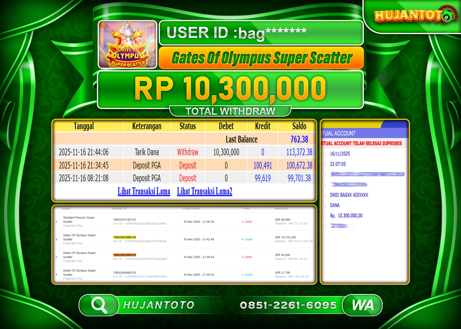 HUJANTOTO - BUKTI JACKPOT MENANG SLOT GATES OF OLYMPUS SUPER SCATTER Rp.10,300,000 - TERBAYAR LUNAS