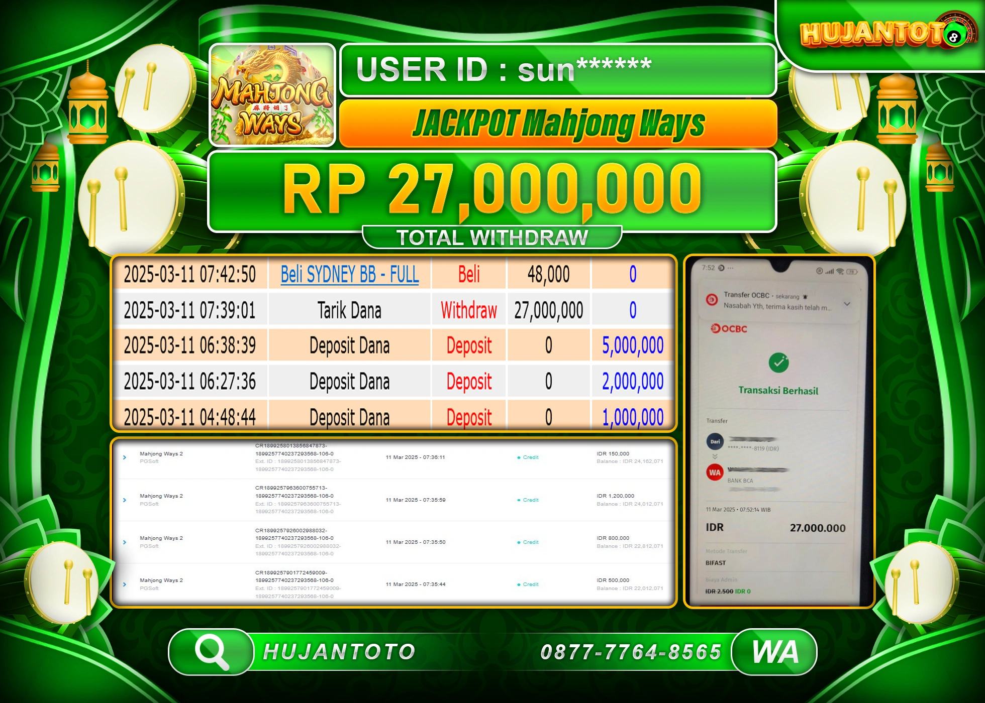 HUJANTOTO - BUKTI JACKPOT MENANG SLOT MAHJONG WAYS Rp,27,000,000 - TERBAYAR LUNAS