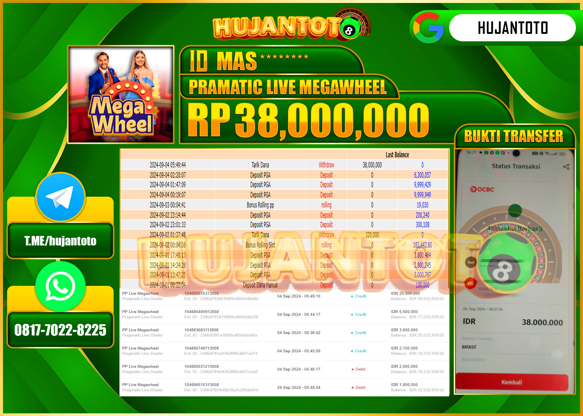 HUJANTOTO MENANG BESAR DI PERMAINAN PRAGMATIC LIVE MEGAWHEEL 38,000.000 - LUNAS 