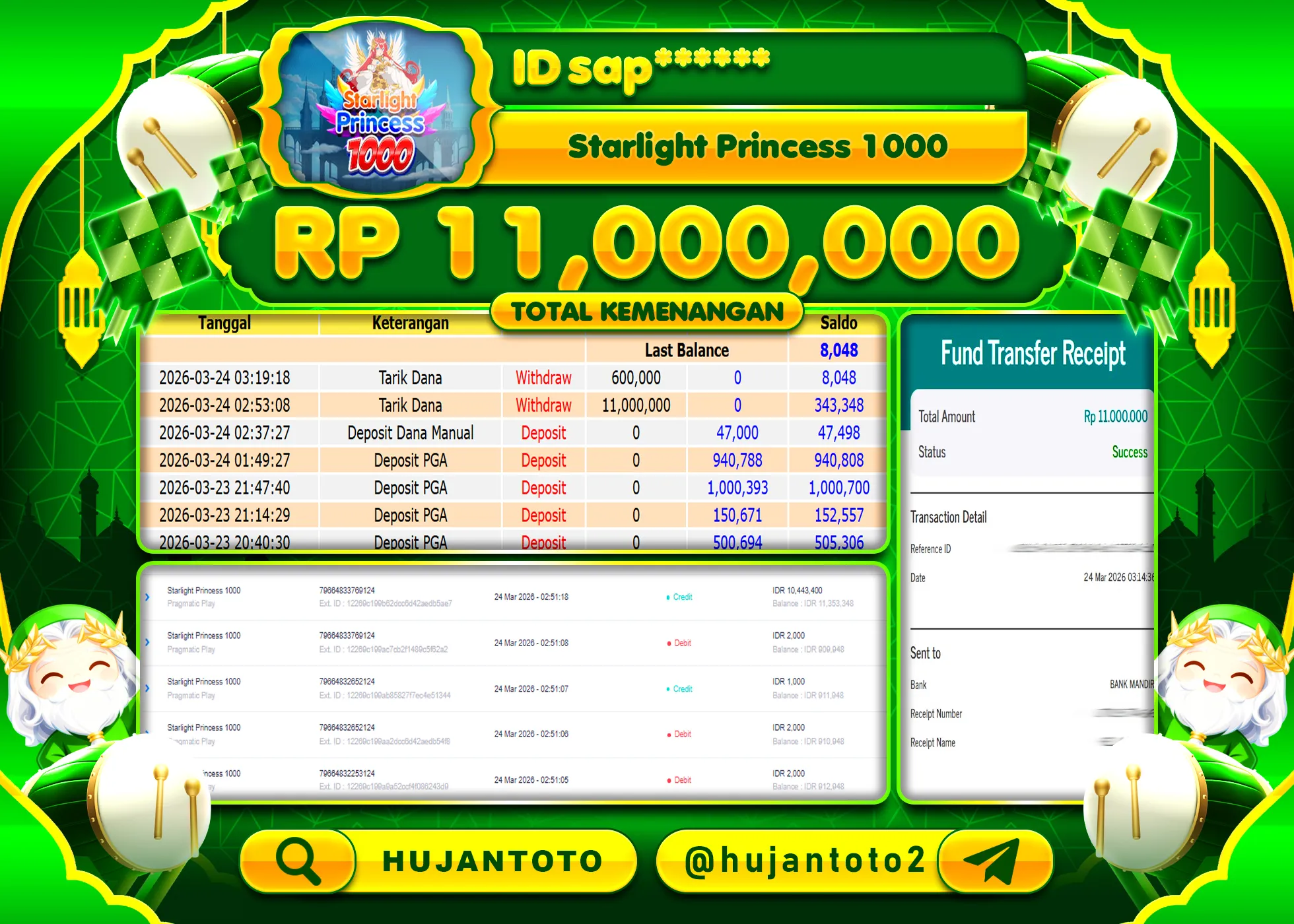 HUJANTOTO - BUKTI JACKPOT MENANG SLOT STARLIGHT PRINCESS 1000 Rp.11,000,000 - TERBAYAR LUNAS