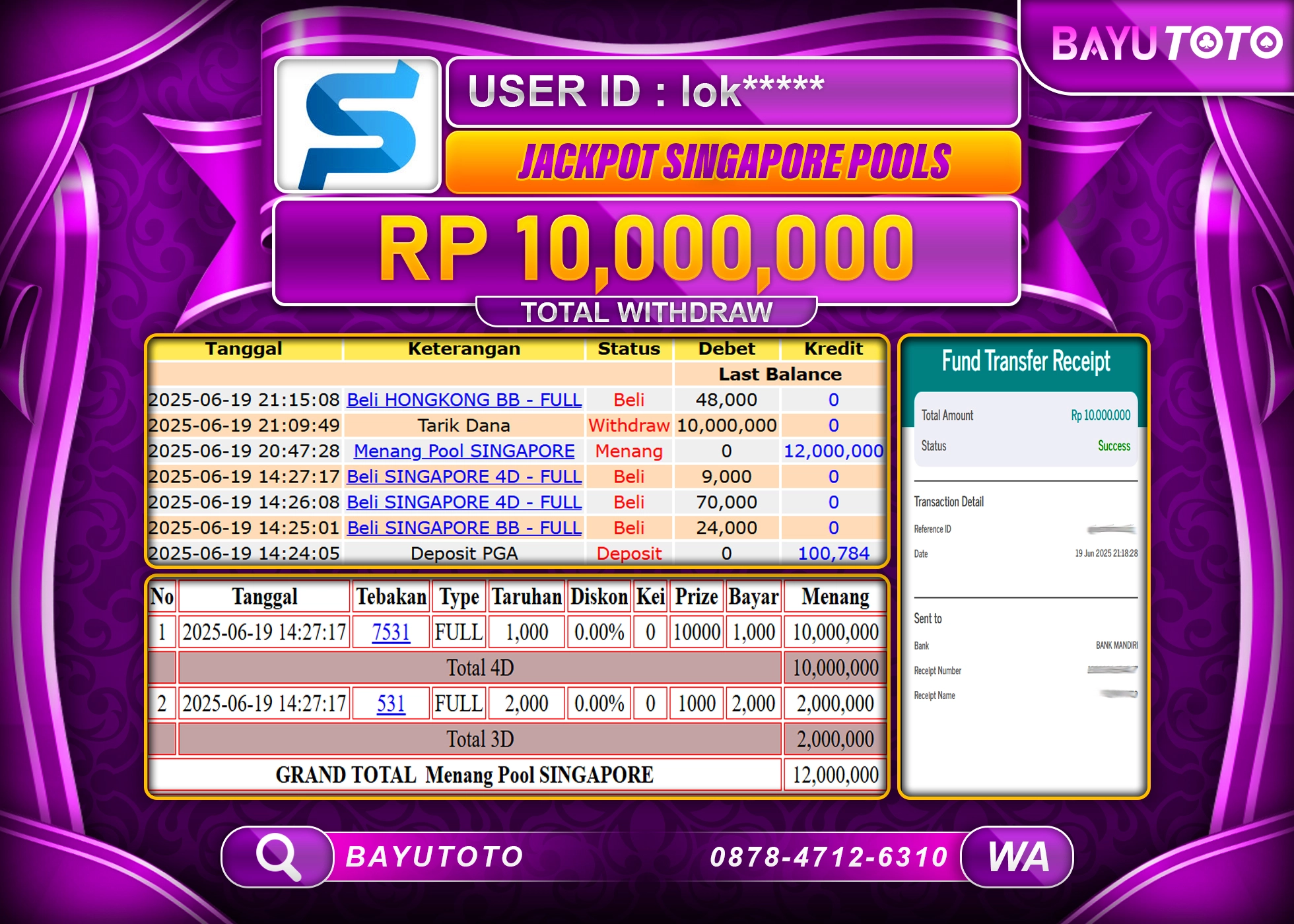 BAYUTOTO JACKPOT TOGEL PASARAN POOL SINGAPORE  Rp.10,000,000 LUNAS
