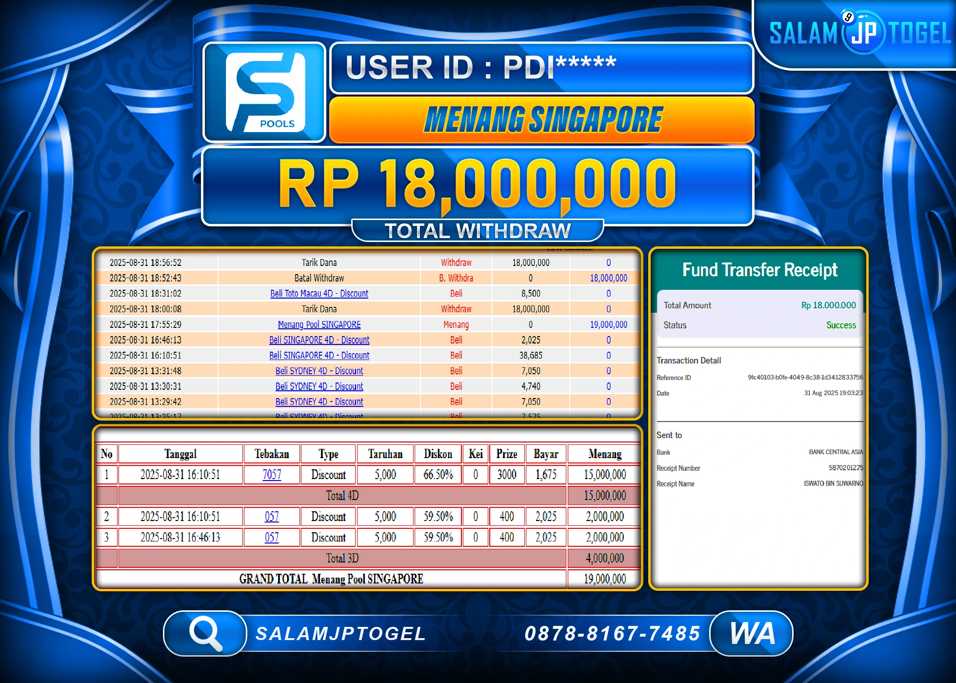 SALAMJPTOGEL MENANG JACKPOT SINGPORE POOLS Rp.18,000,000