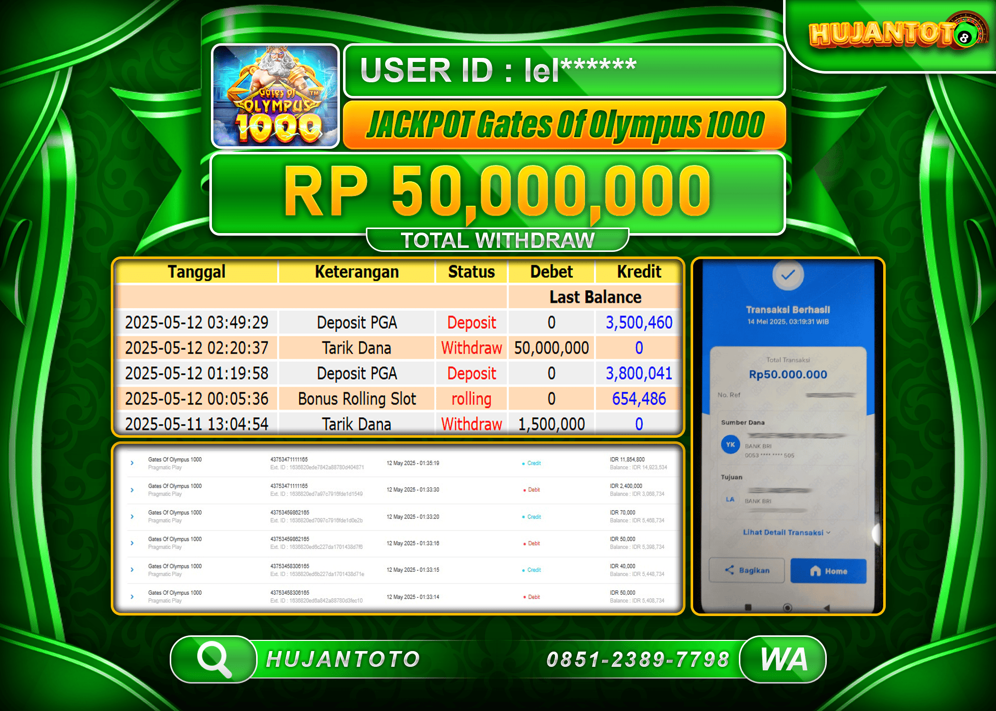 HUJANTOTO - BUKTI JACKPOT MENANG SLOT GATES OF OLYMPUS 100 Rp,50,000,000 - TERBAYAR LUNAS